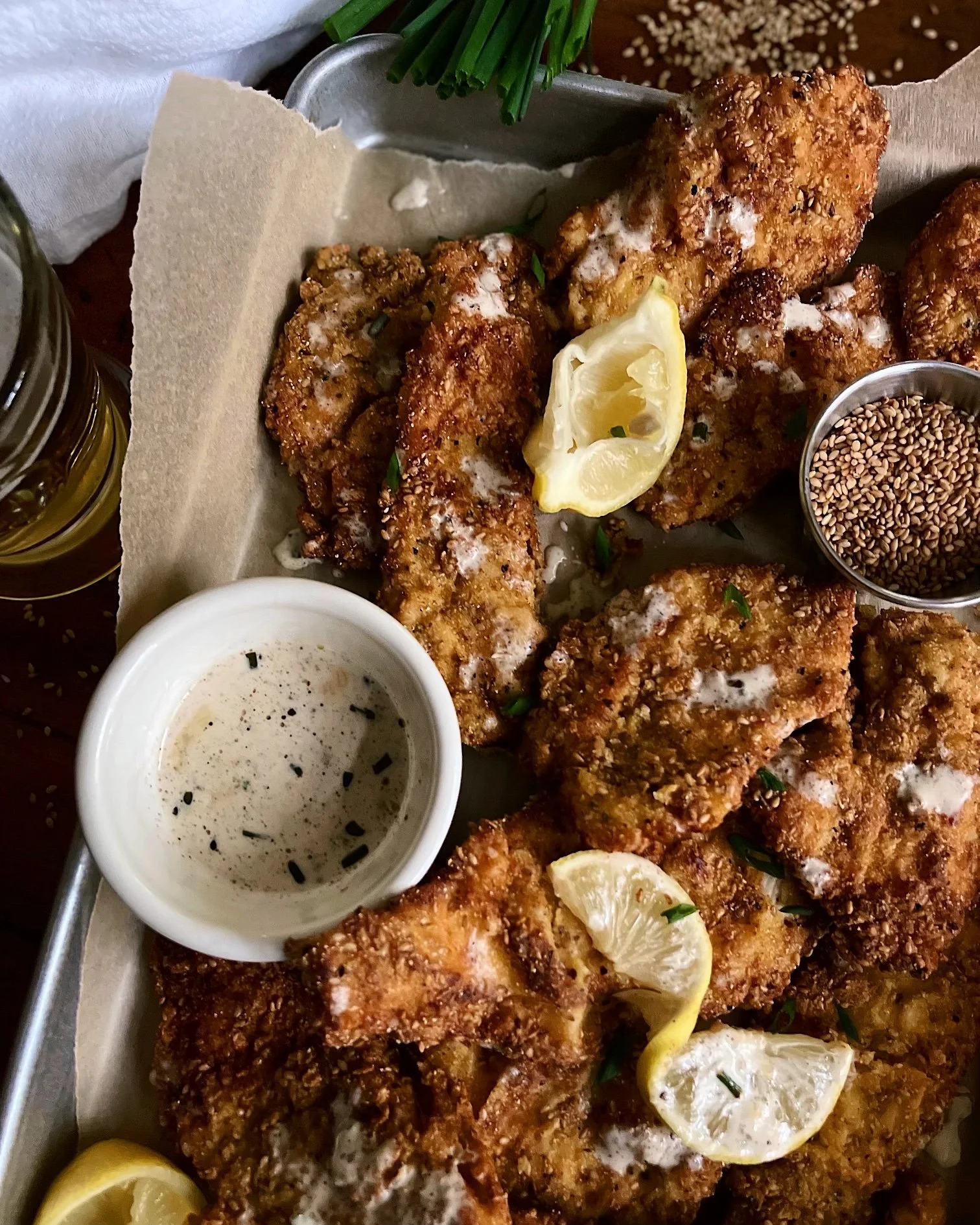 Crispy Sesame Chicken with Lemon Chive Sauce