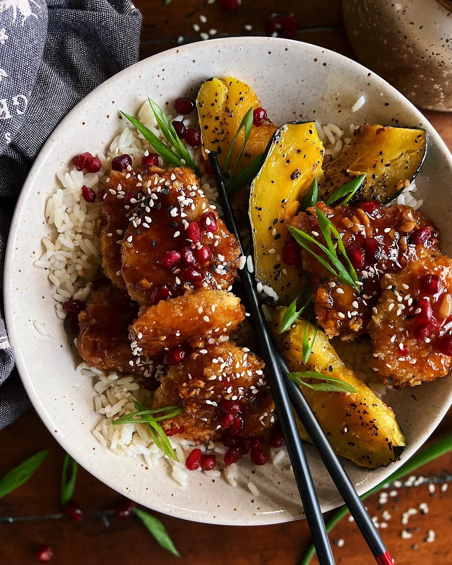 Saucy Pomegranate Glazed Chicken with Roasted Acorn Squash
