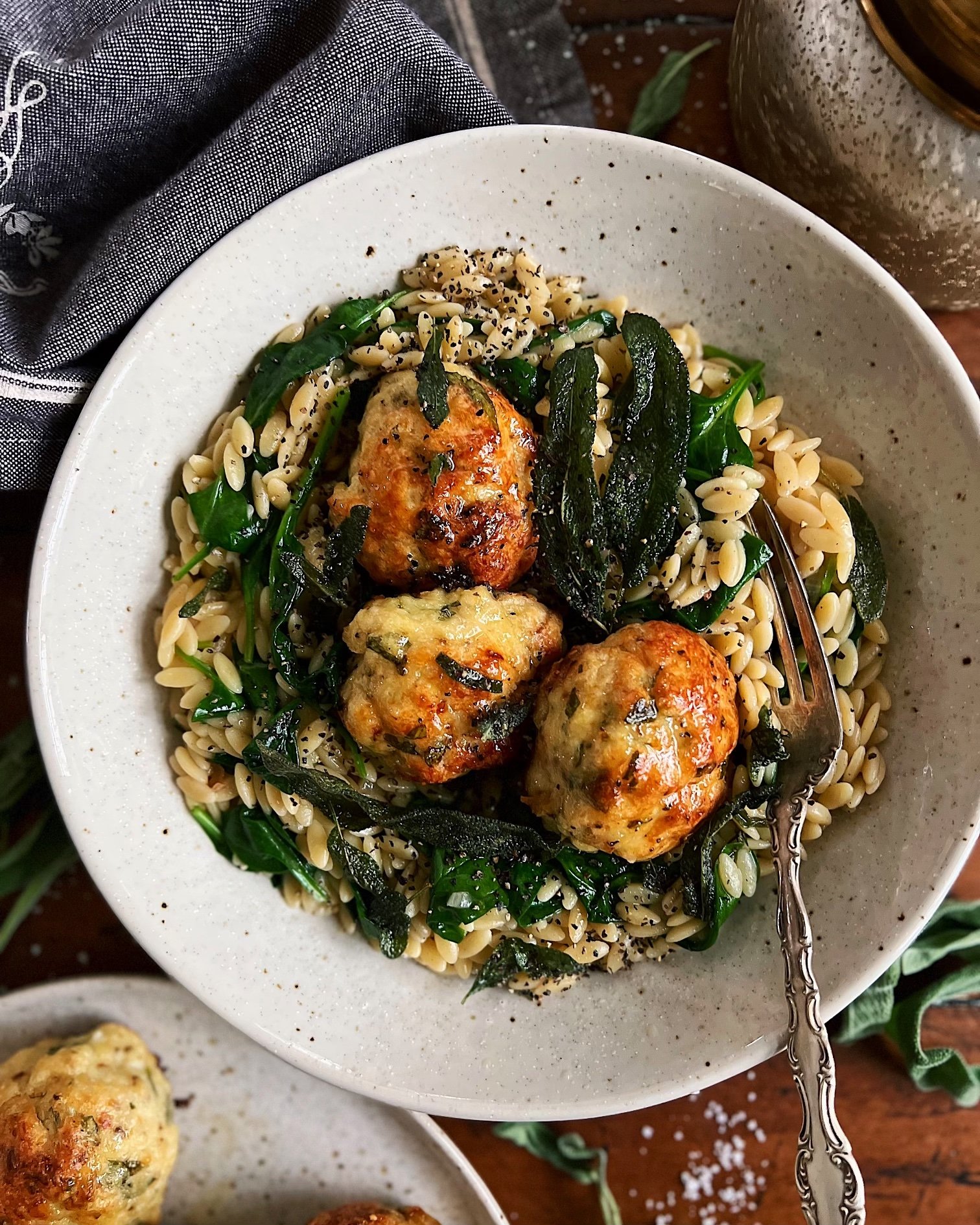 Sage Chicken Meatballs with Spinach