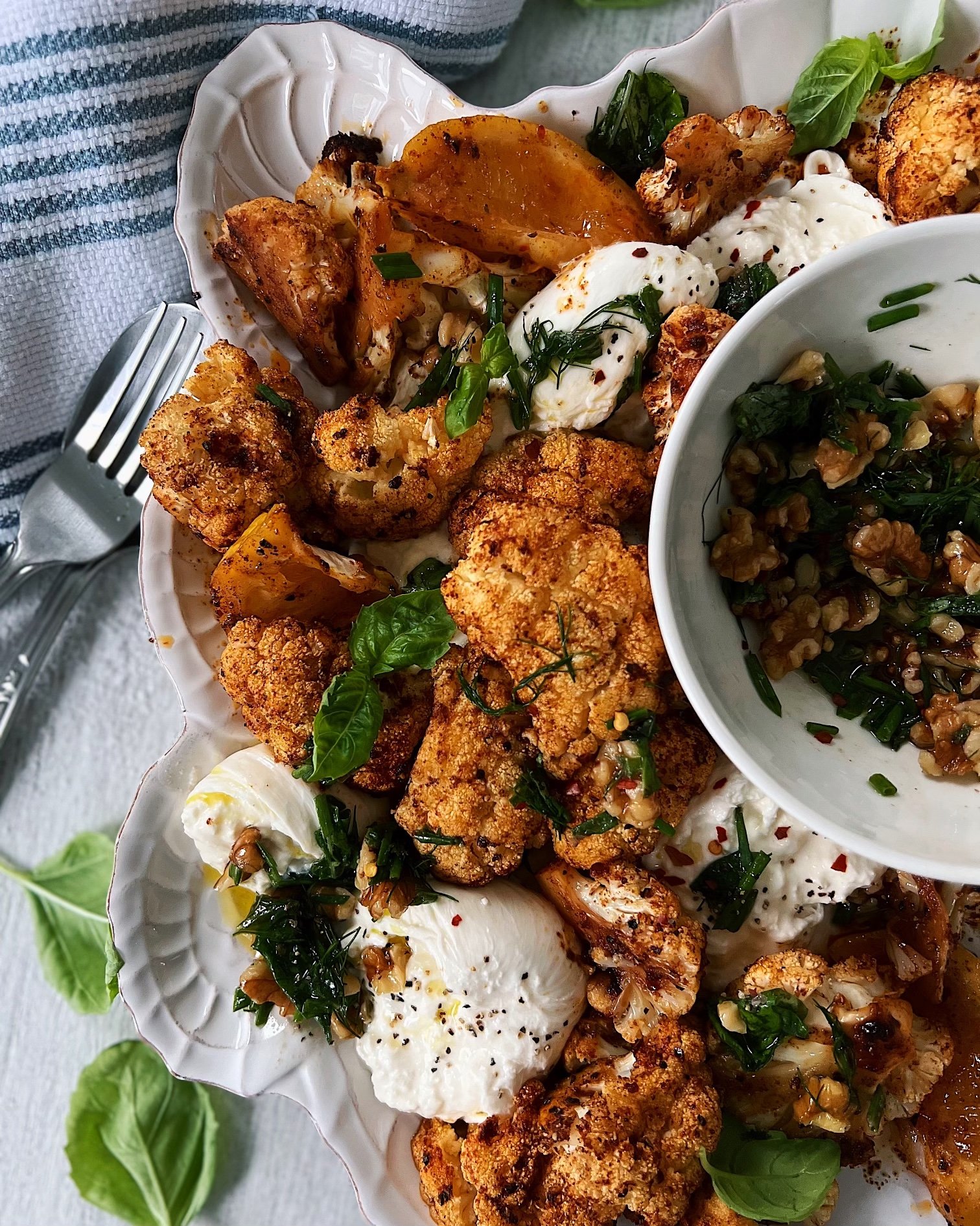 Smoky Cauliflower with Burrata &amp; Herb Salad