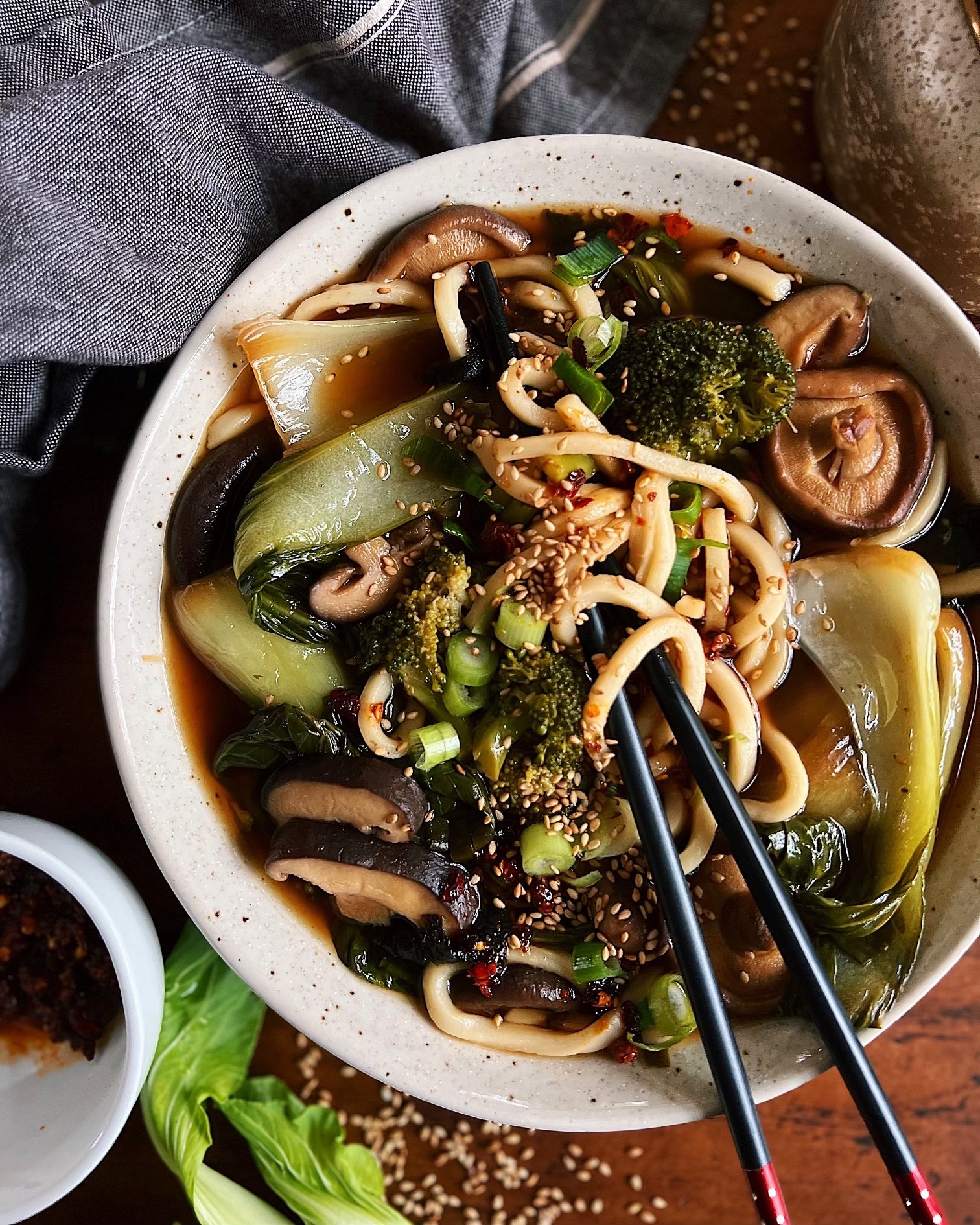 Spicy Miso Noodle Soup with Mushrooms &amp; Broccoli