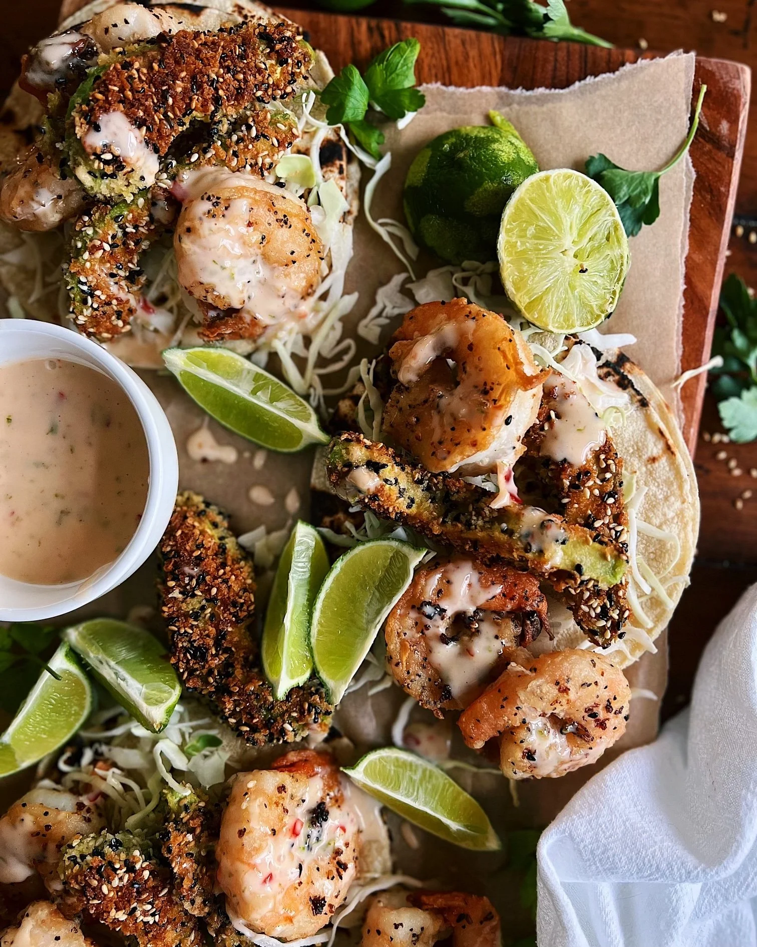 Bang Bang Shrimp Tacos with Fried Avocado