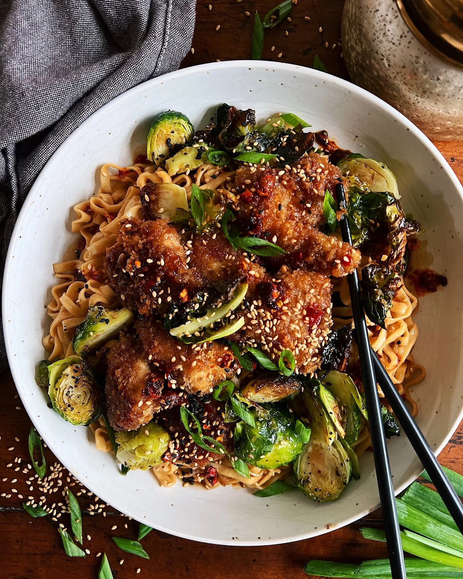 Sticky Chicken with Scallion Noodles &amp; Brussels Sprouts