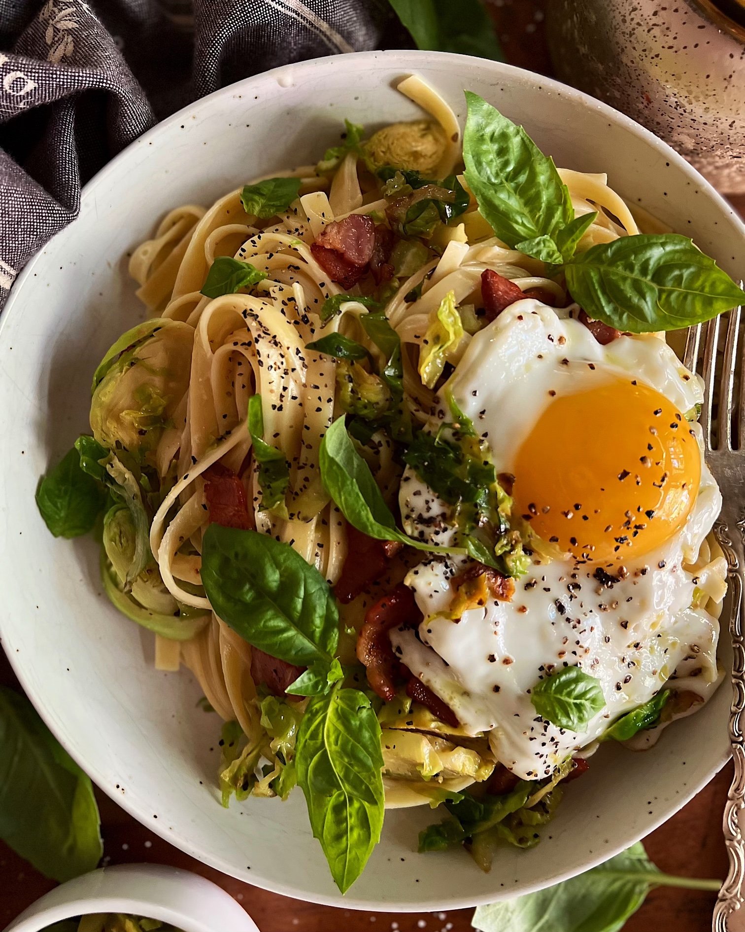 Fried Egg Pasta with Crispy Brussels Sprouts & Bacon