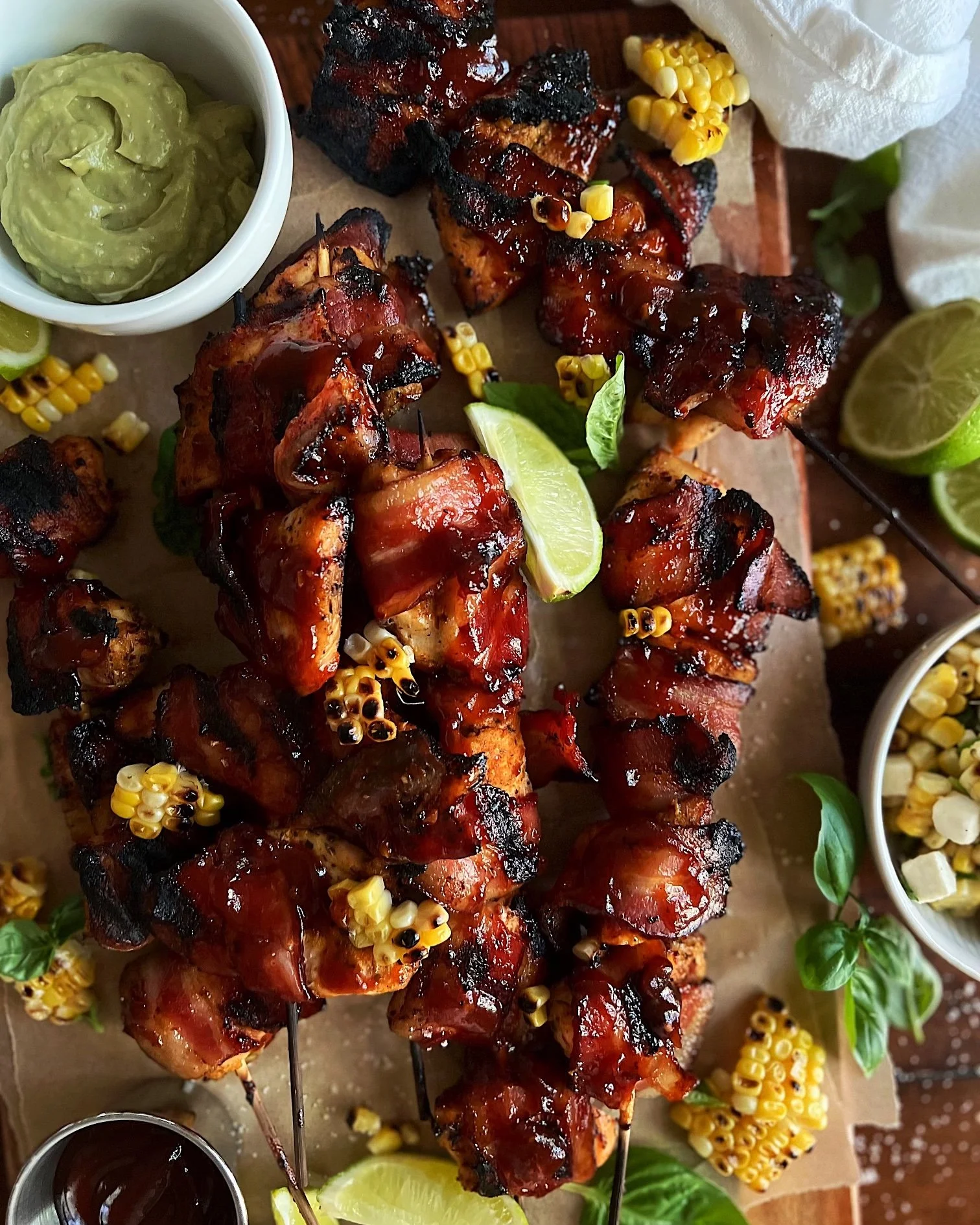 Barbecue Bacon Chicken Skewers with Corn Salsa