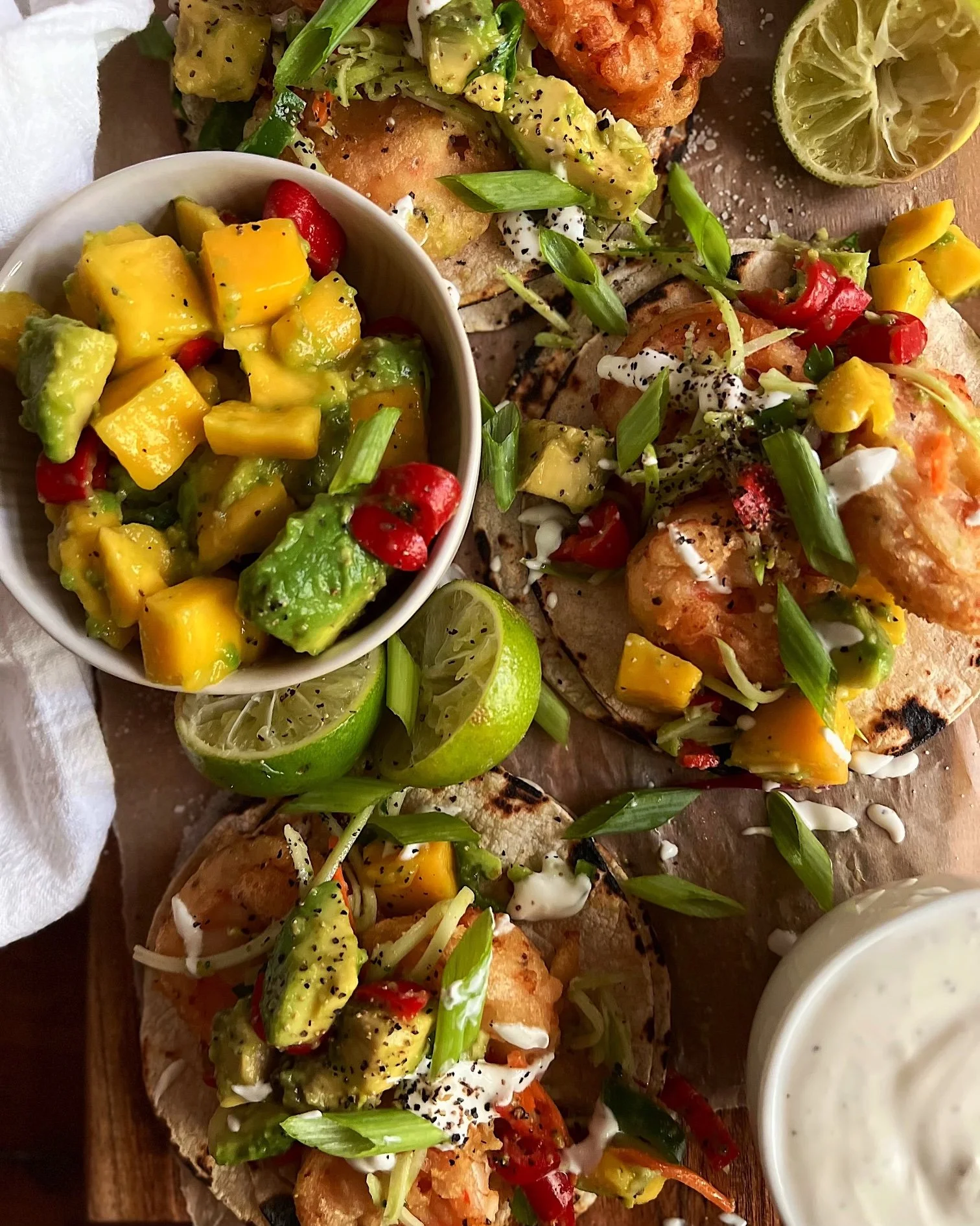 Beer Battered Shrimp Tacos with Mango Avocado Salsa