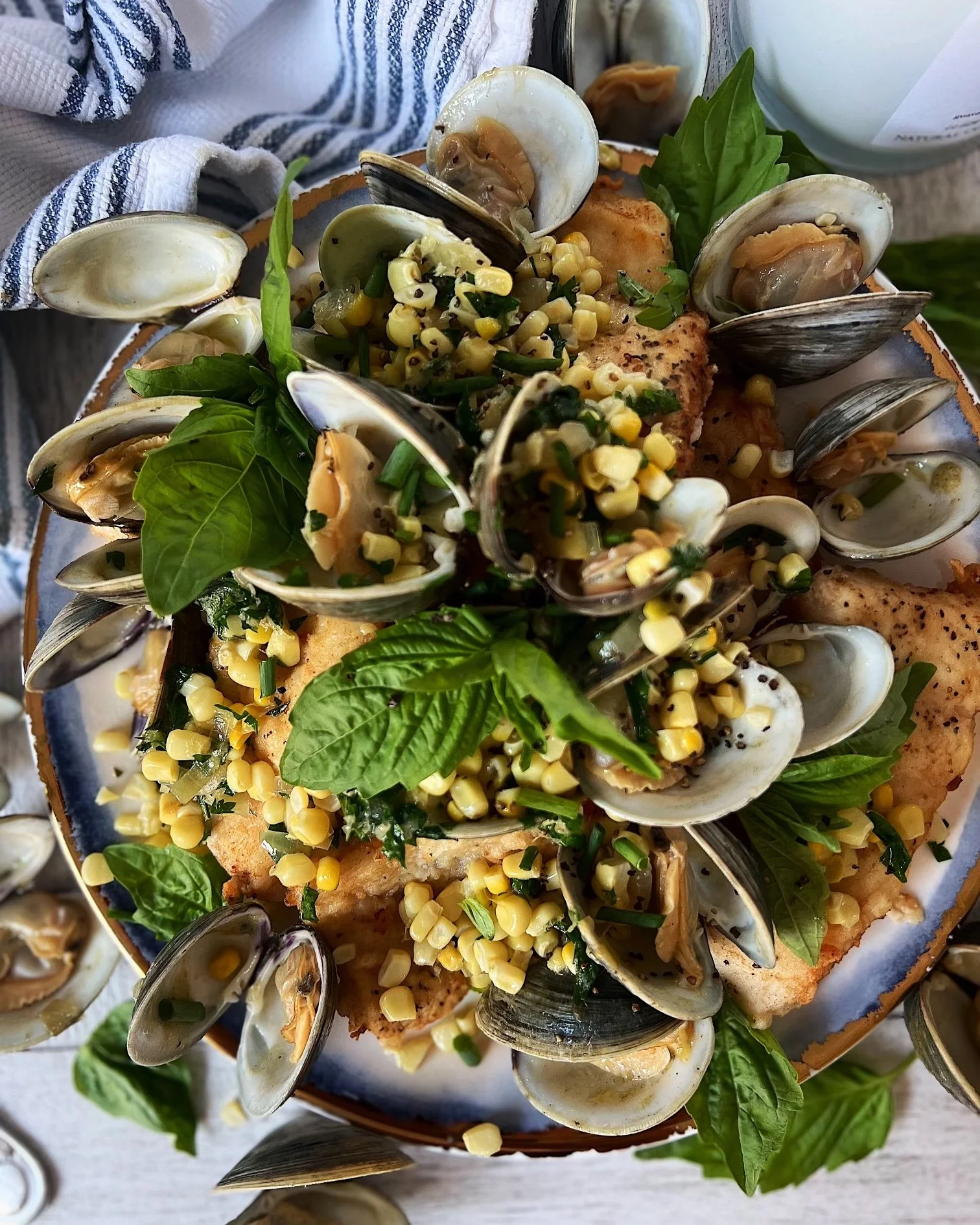 Skillet Cod, Clams, &amp; Corn