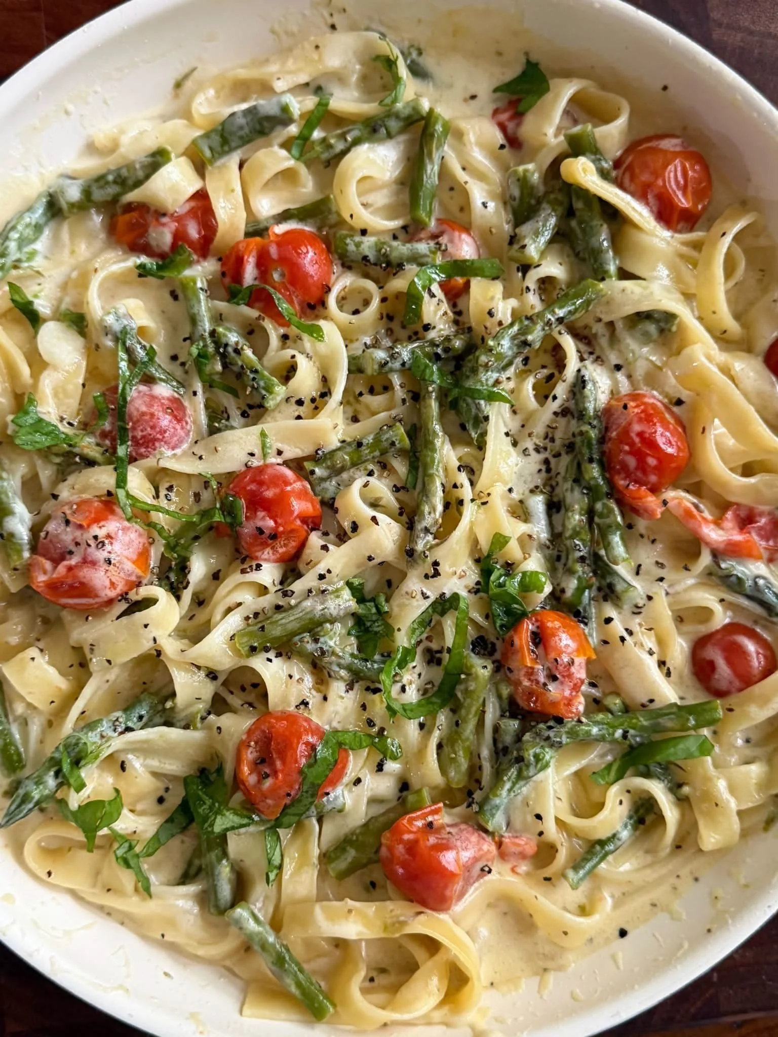 One Pan Boursin Asparagus Tomato Pasta