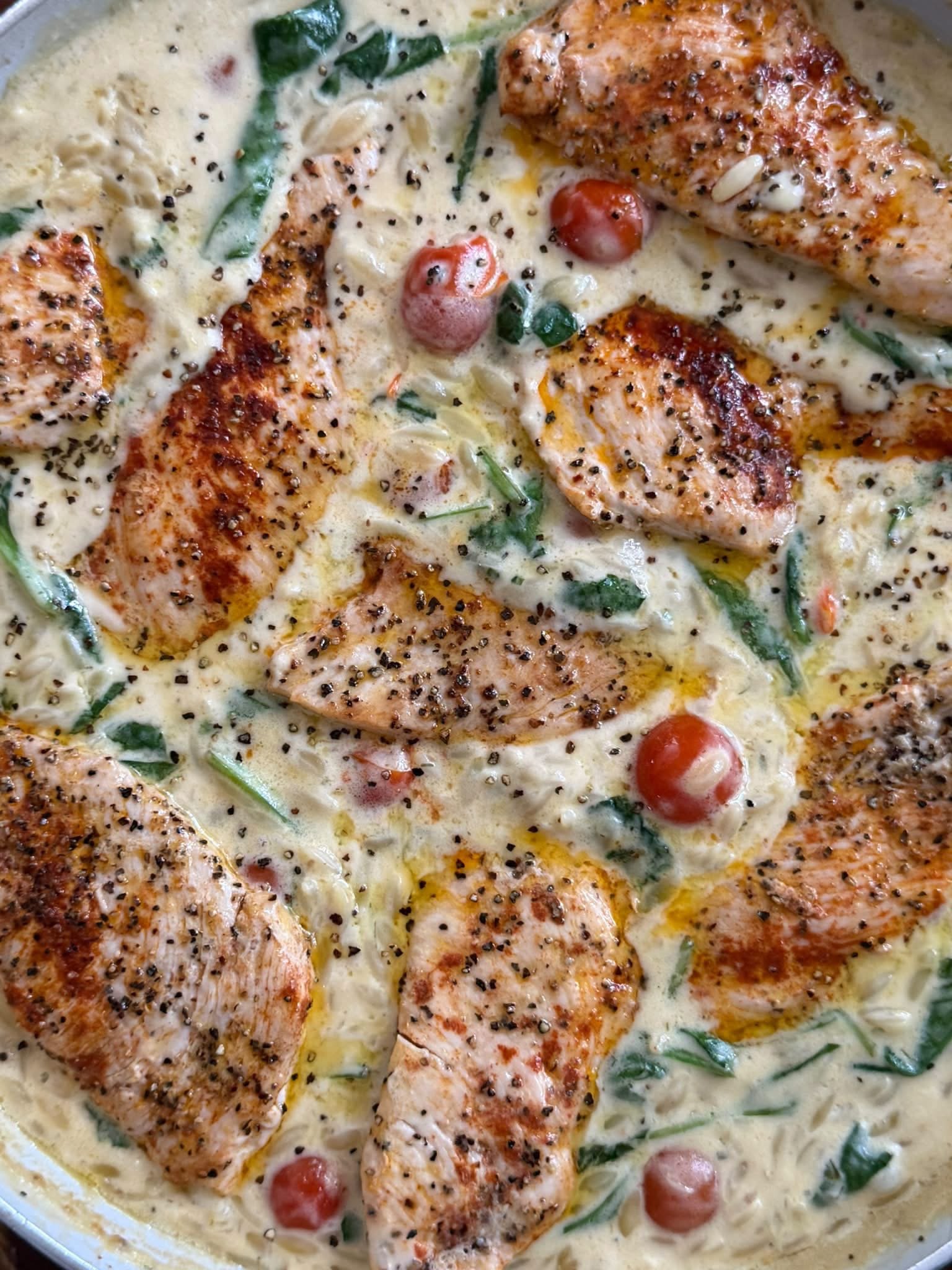 Tomato Spinach Boursin Orzo Chicken