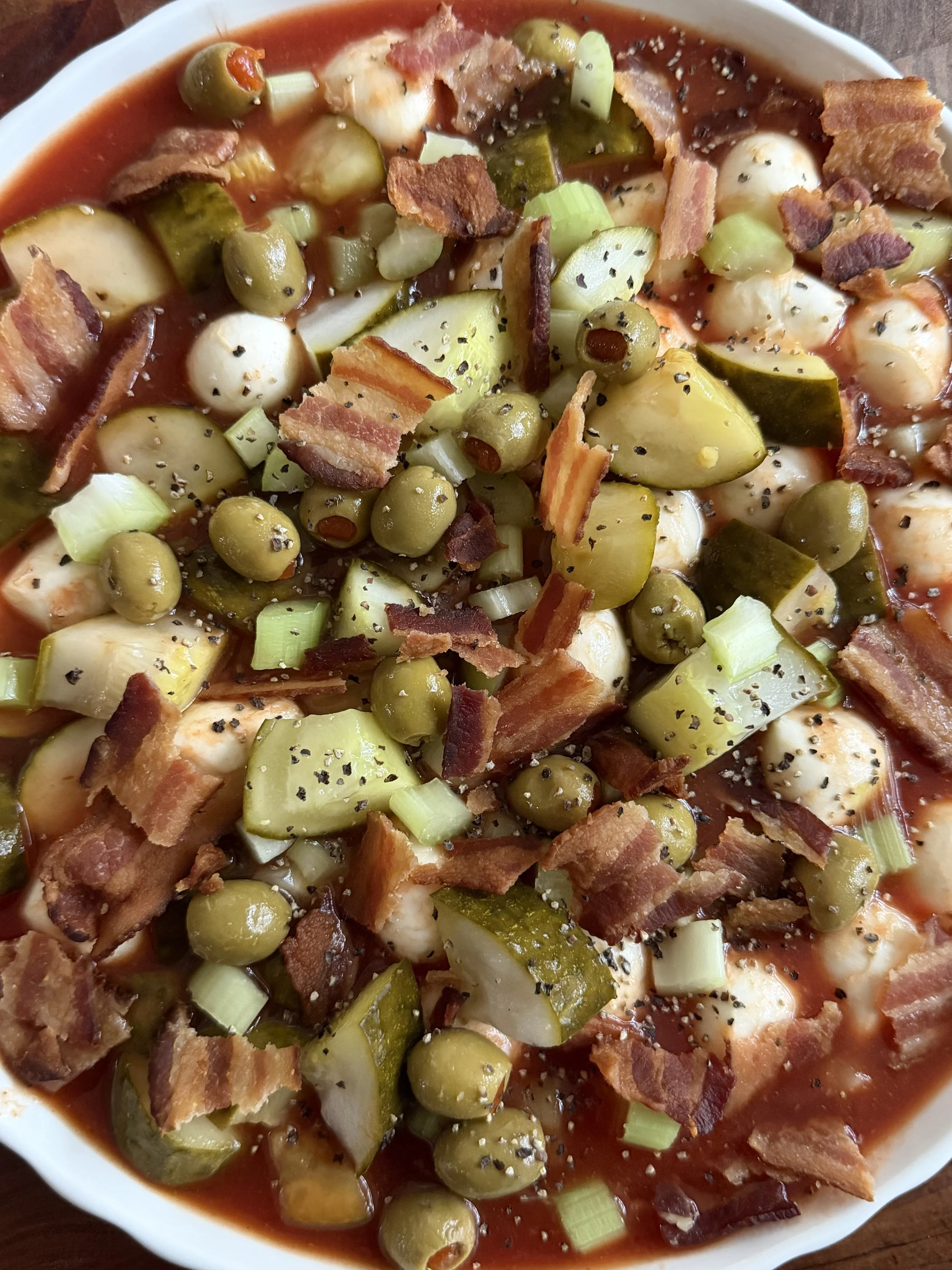 Bloody Mary Marinated Pickles & Mozzarella
