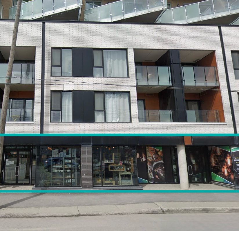 Modern multi-story building with retail stores on the ground floor and residential units above, featuring large windows, glass balconies, and a brick facade.