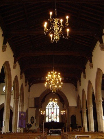 View down the Nave showing all the chandeliers