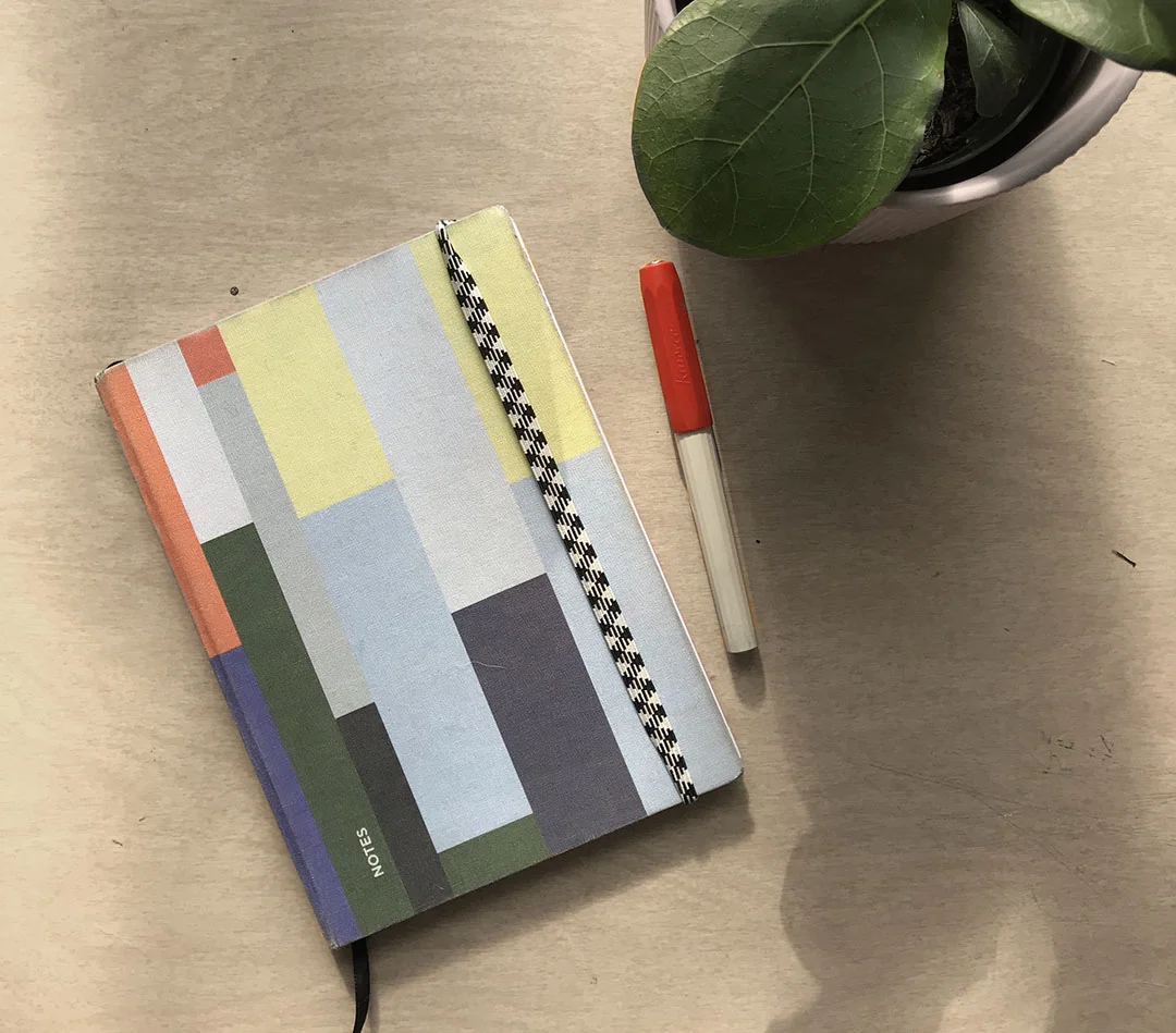 Journal from Papier Tigre , Pen from Kaweco , fiddle leaf fig from Family Tree Nursery .