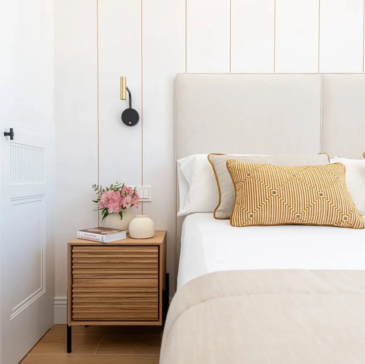 Refined Geometry ~ How sweet our new Rombos fabric is as a pop of gold in this fresh bedroom from @patriciagonzalezdelara &amp; @mandragora_decoracion 

Rombos is an understated graphic texture that adds balance to any design vocabulary. Swipe to see