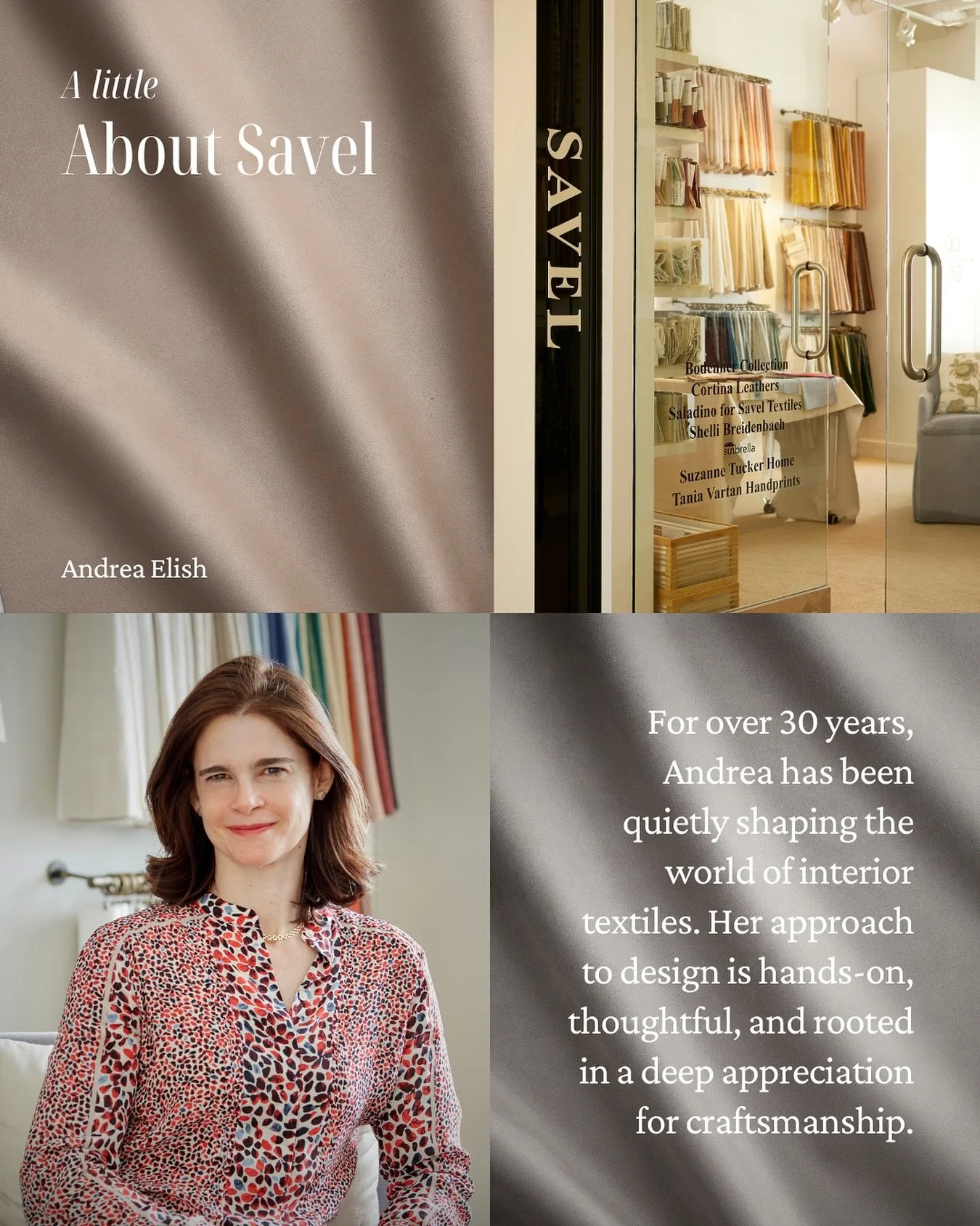 For over 30 years, Andrea Elish has been quietly shaping the world of interior textiles. Her approach to design is hands-on, thoughtful, and rooted in a deep appreciation for craftsmanship.

At Savel, Andrea&rsquo;s focus has always been on the desig