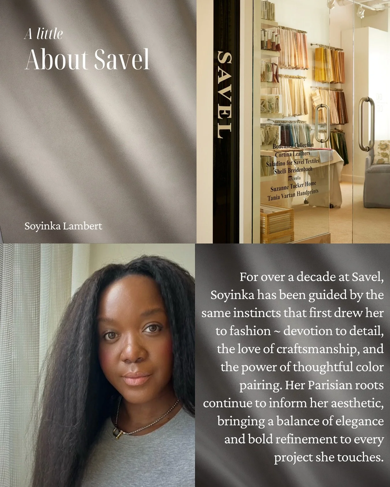 Meet Soyinka, Showroom Manager at our DDB showroom in NYC: 
&ldquo;I&rsquo;ve always loved fashion &mdash; the details, the craftsmanship, and the power of thoughtful color pairing. That same eye naturally led me to interior design, where I could exp
