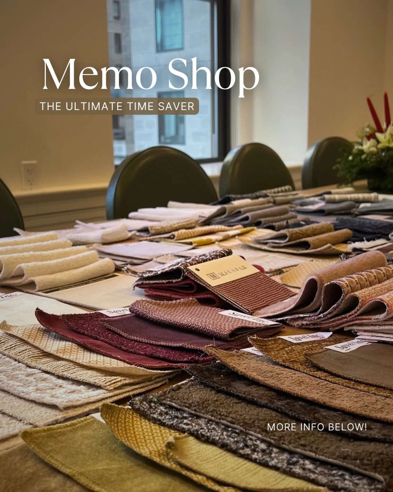 What is a Memo Shop? 
A curated selection of samples, set up in your design firm for your review. Keep what you&rsquo;d like, and when you&rsquo;re ready we collect the remaining memos. The ultimate time saver! 

DM us to schedule yours. 💬

#fabrics