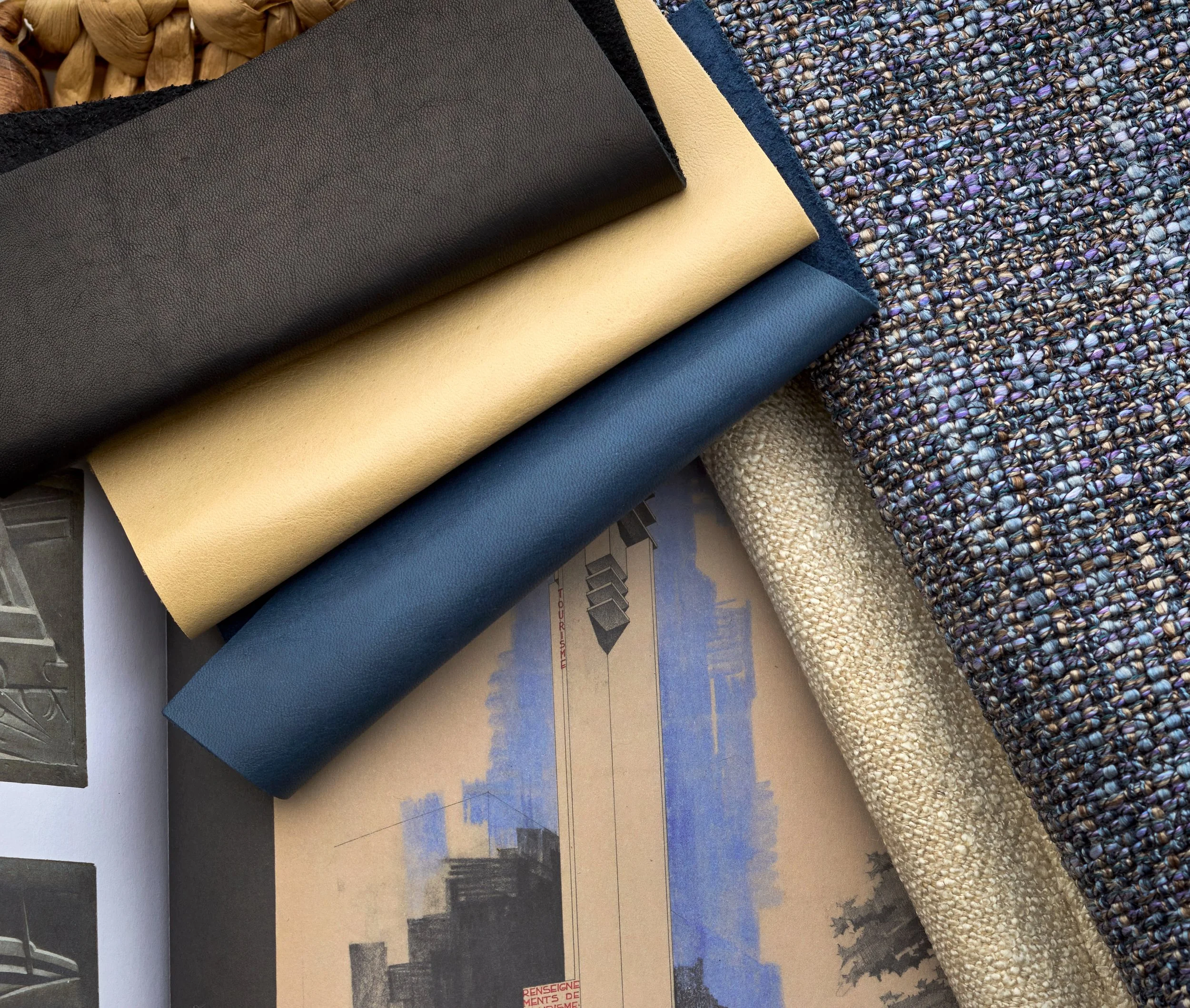 New season, new palette.
We paired the latest from @cortinaleathers and Savel ~ charcoal, camel, and beautiful shades of blue. All inspired by Art Deco era art. 

Shown here:
Linden from Cortina Leathers
Campo &amp; Fiori from Savel

DM us for sample