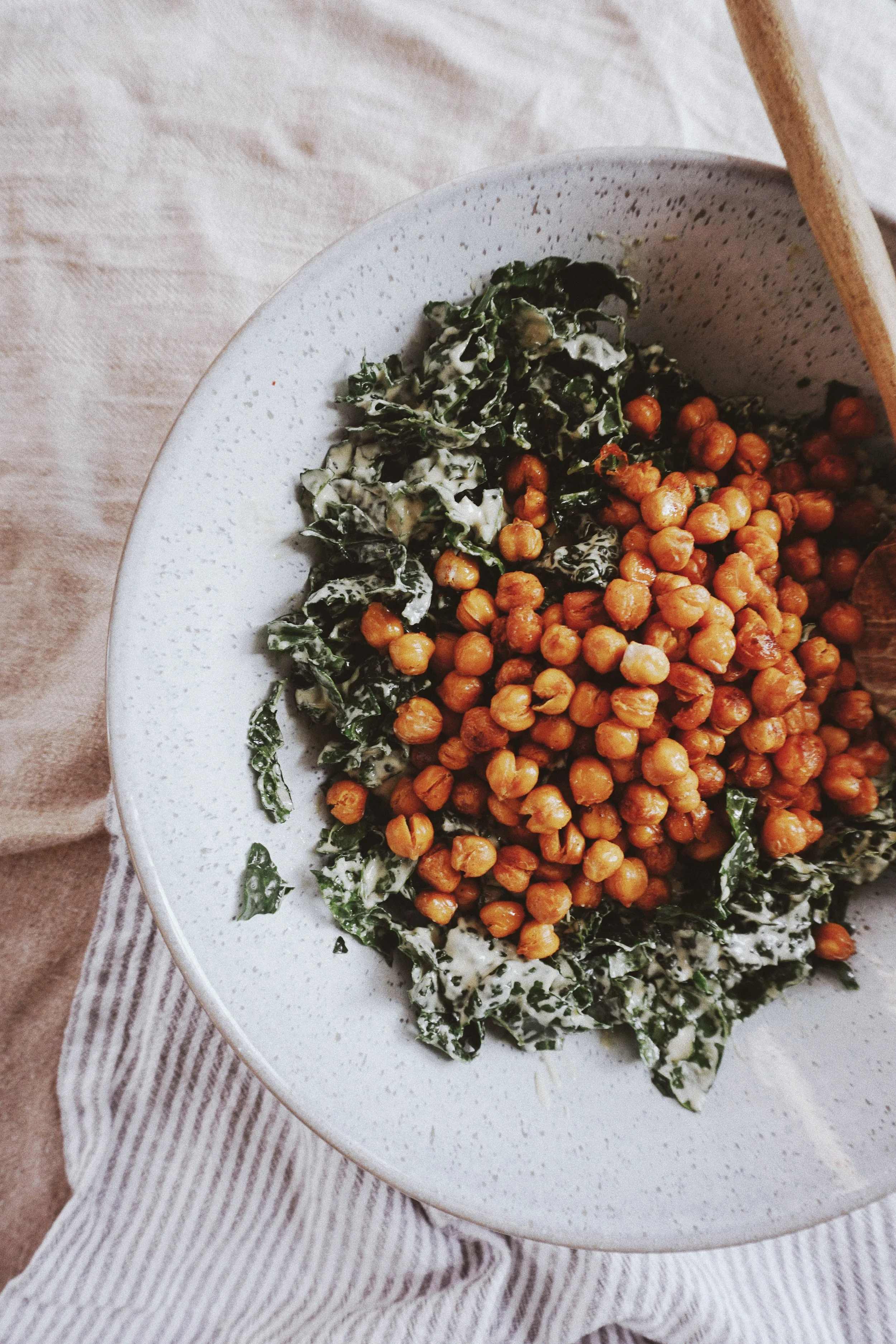 Kale salad with crispy chickpeas and garlicky cashew dressing