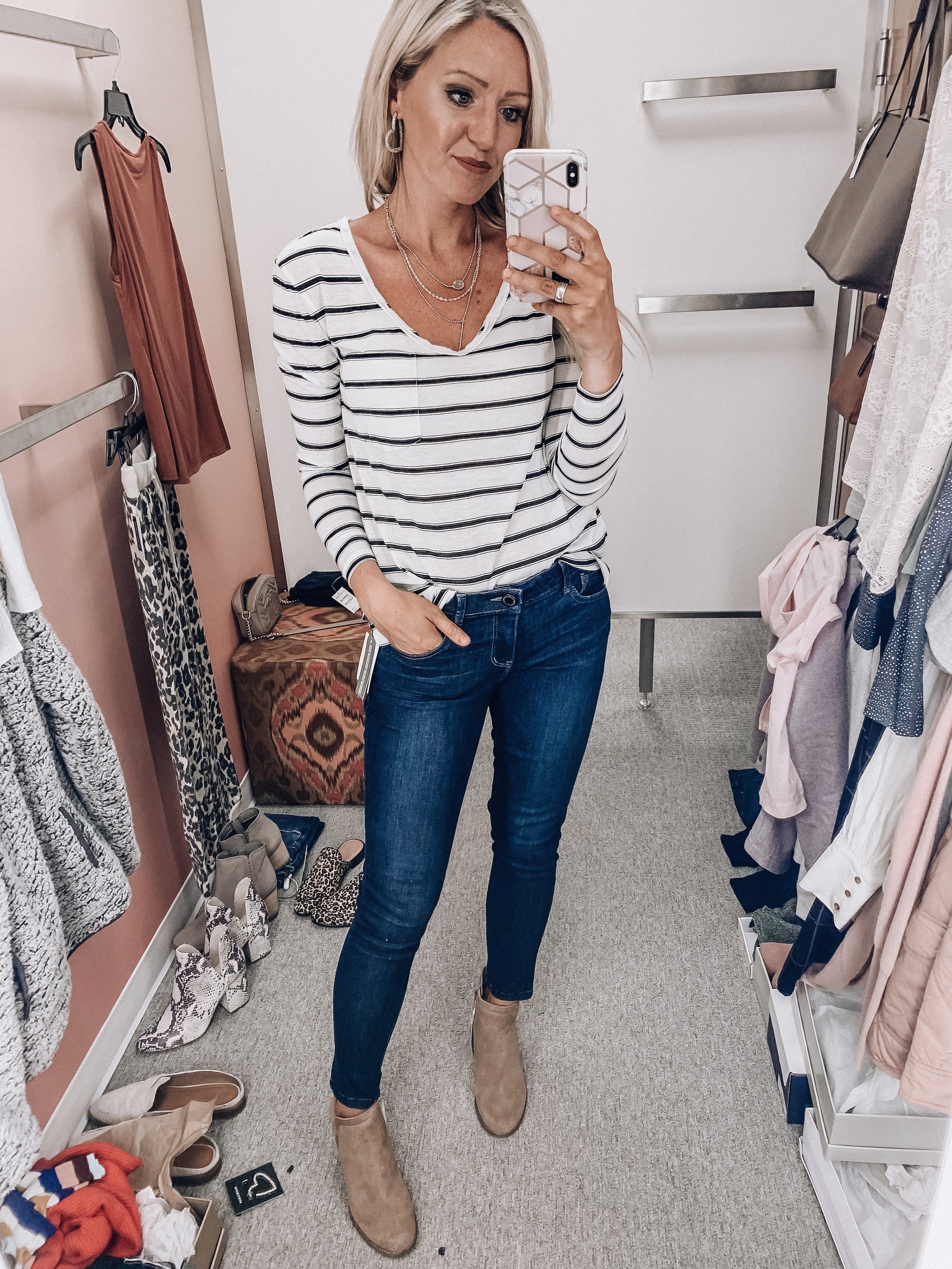  Striped tee: size extra small   Jeans: size 4   Booties 