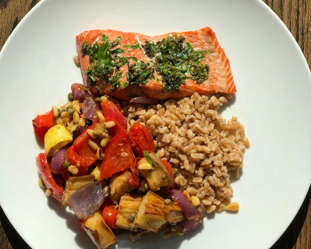 Summer Caponata and Lemony Salmon with Farro