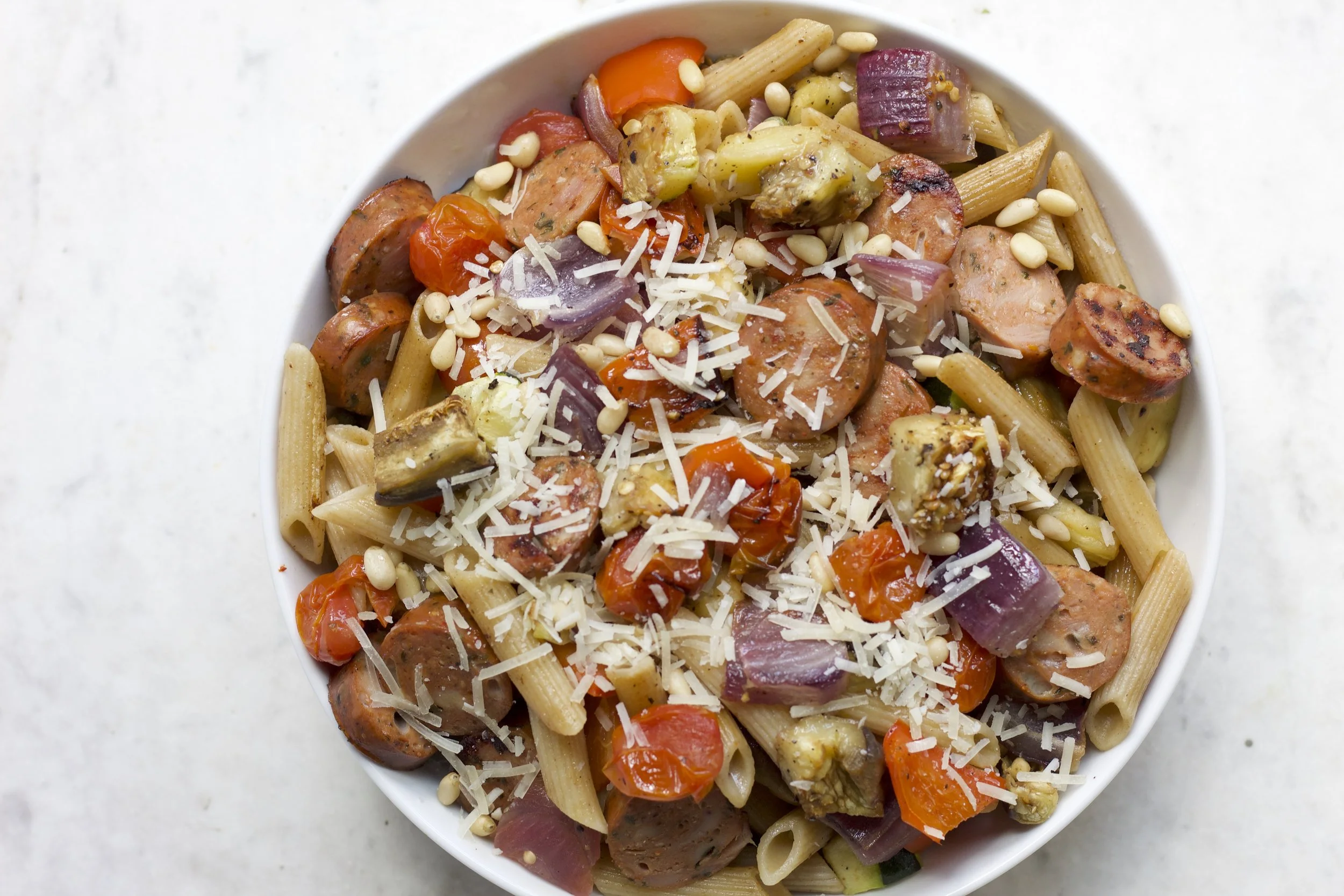 Weeknight Ratatouille Pasta with Chicken Sausage