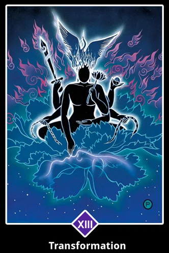 Death Transformation of form. Ending of a cycle beginning of new. Shedding of old ways. Giving up destructive attitudes. Ego death, end of attachments.