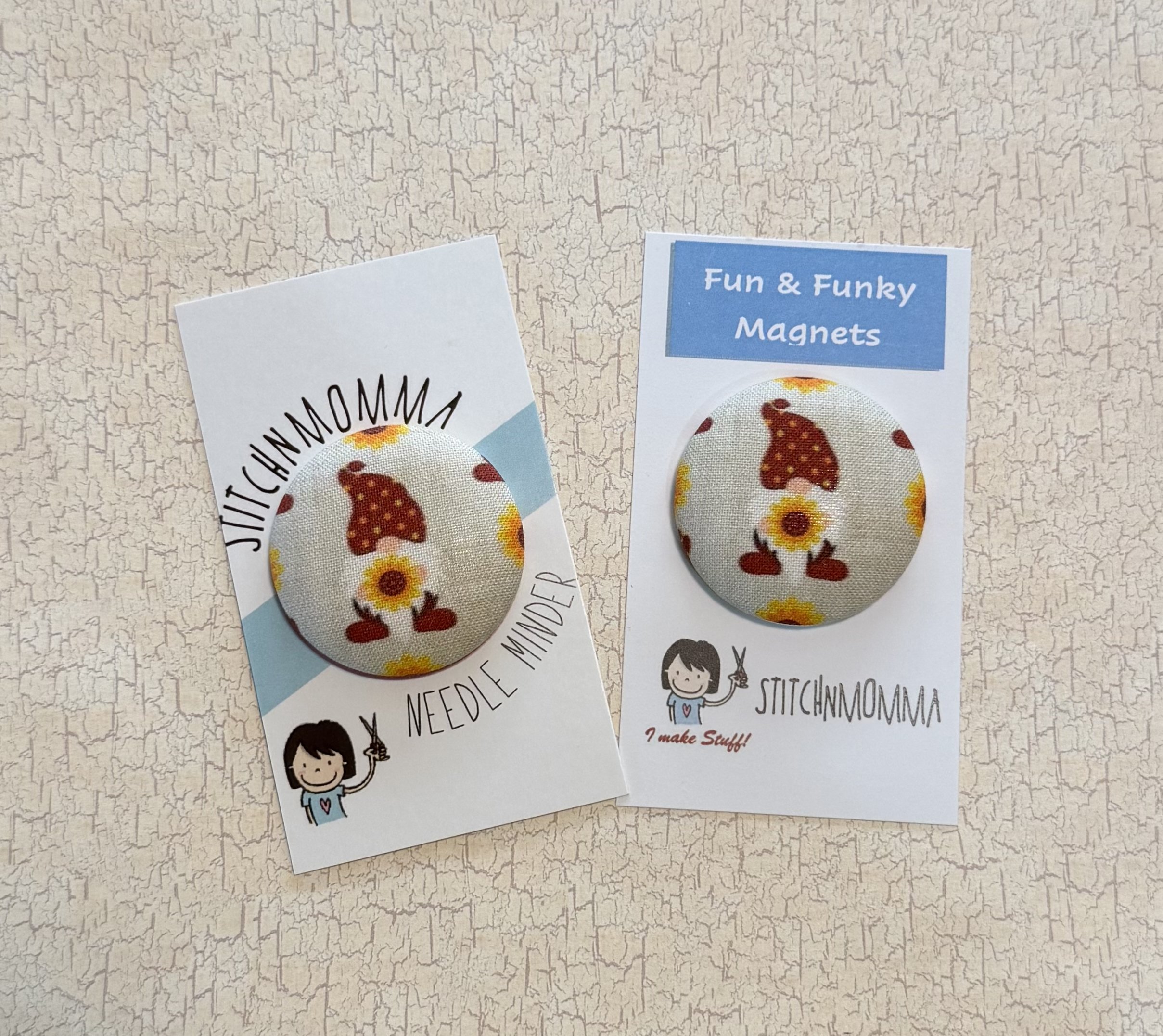 Sunflower Gnome Fabric Covered Button Needle Minder OR Magner
