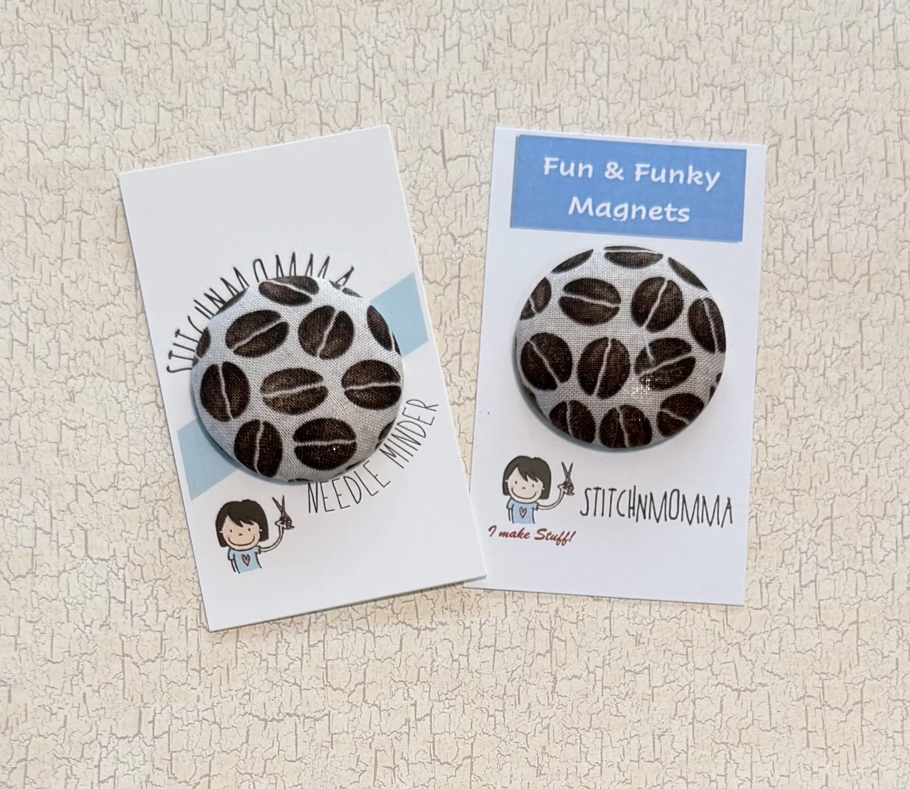 Coffee Bean Fabric Covered Button Needle Minder OR Magnet