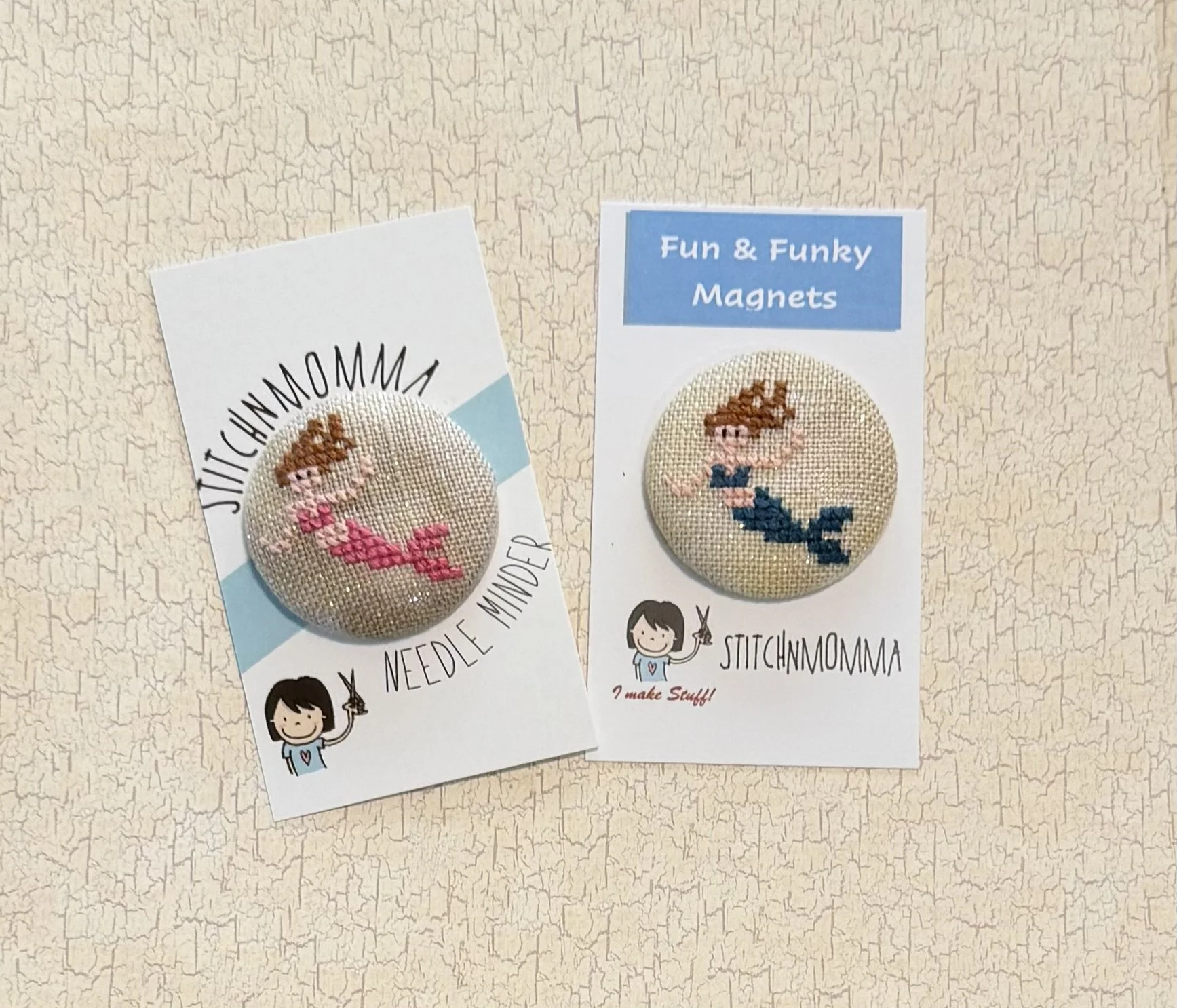 Cross Stitched Mermaid Fabric Covered Button Needle Minder OR Magnet