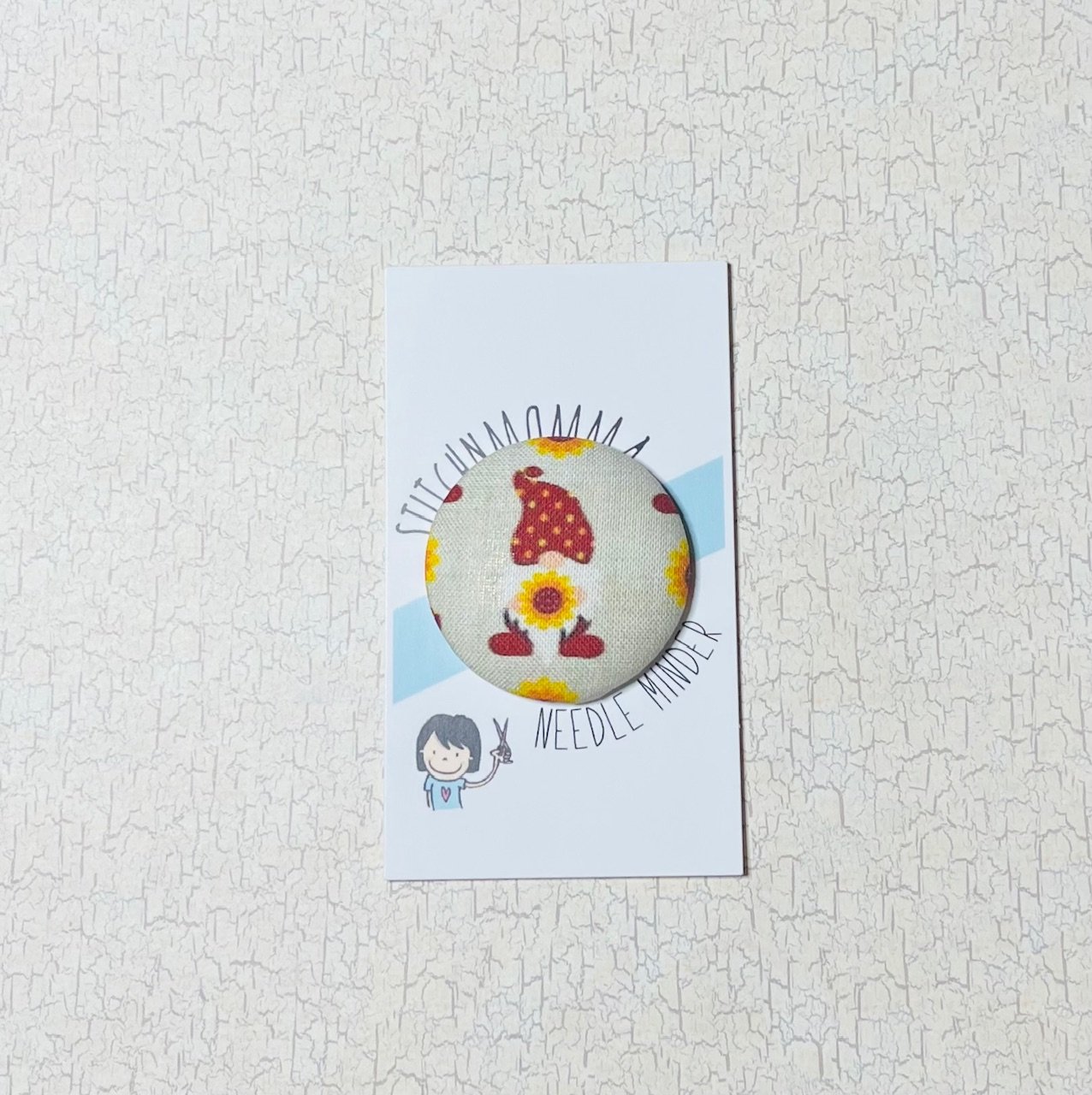 Sunflower Gnome Fabric Covered Button Needle Minder
