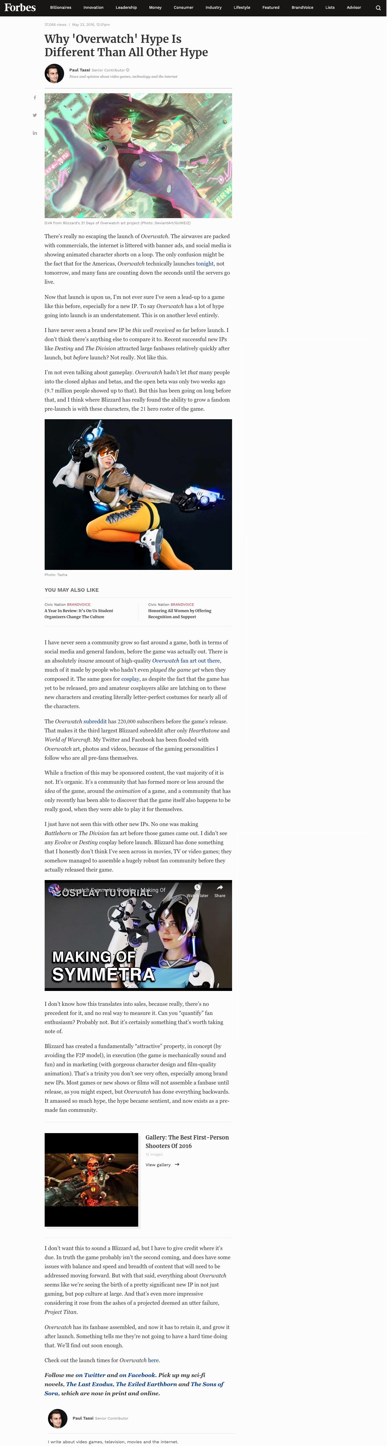 Forbes Article - Why 'Overwatch' Hype Is Different Than All Other Hype