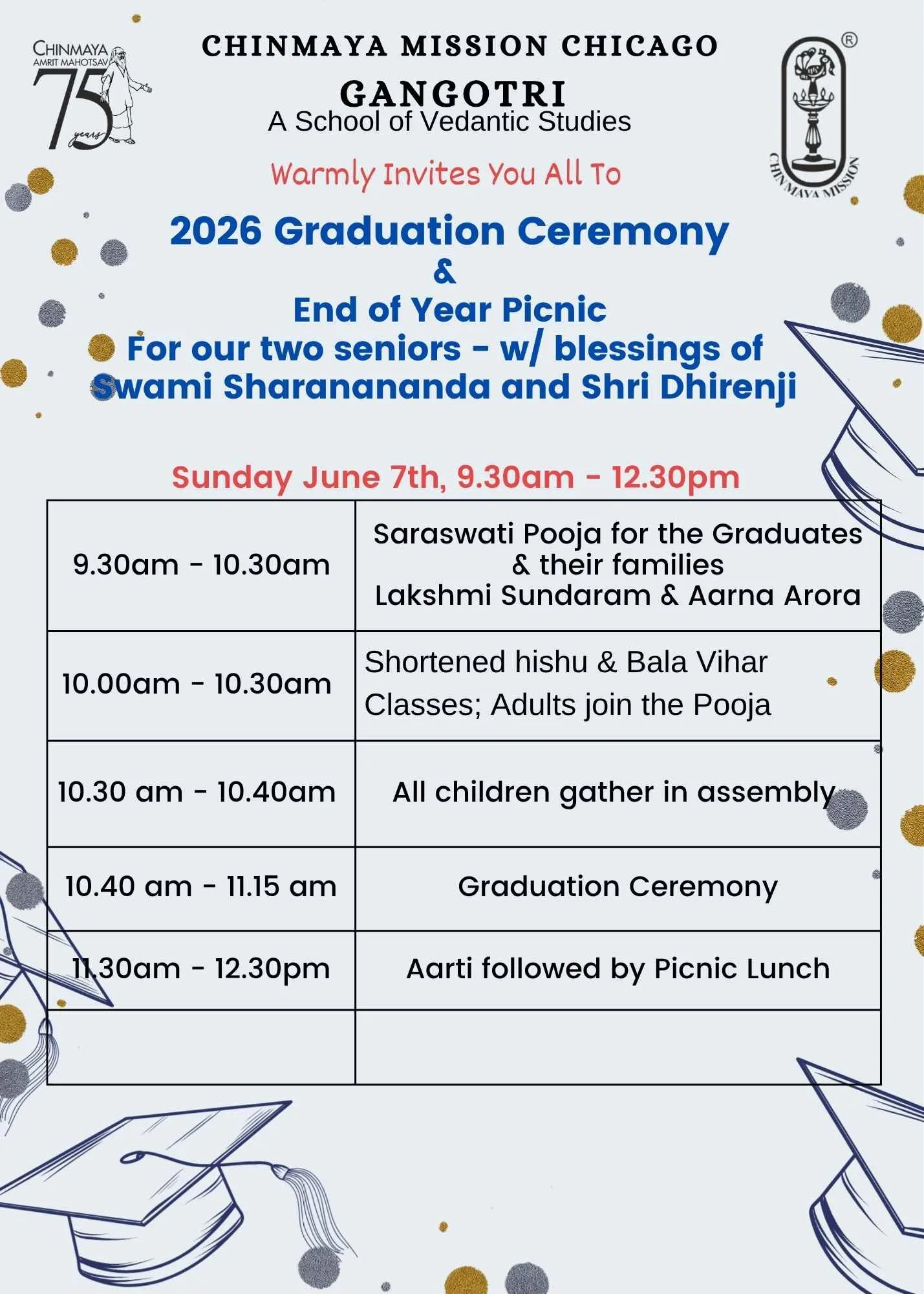 Event poster for Chinmaya Mission Chicago Gangotri's 2026 graduation ceremony and end-of-year picnic, featuring a schedule of activities from 9:30 am to 12:30 pm, including a Saraswati Pooja, shortened Hishu & Bala Vihar classes, children gathering i