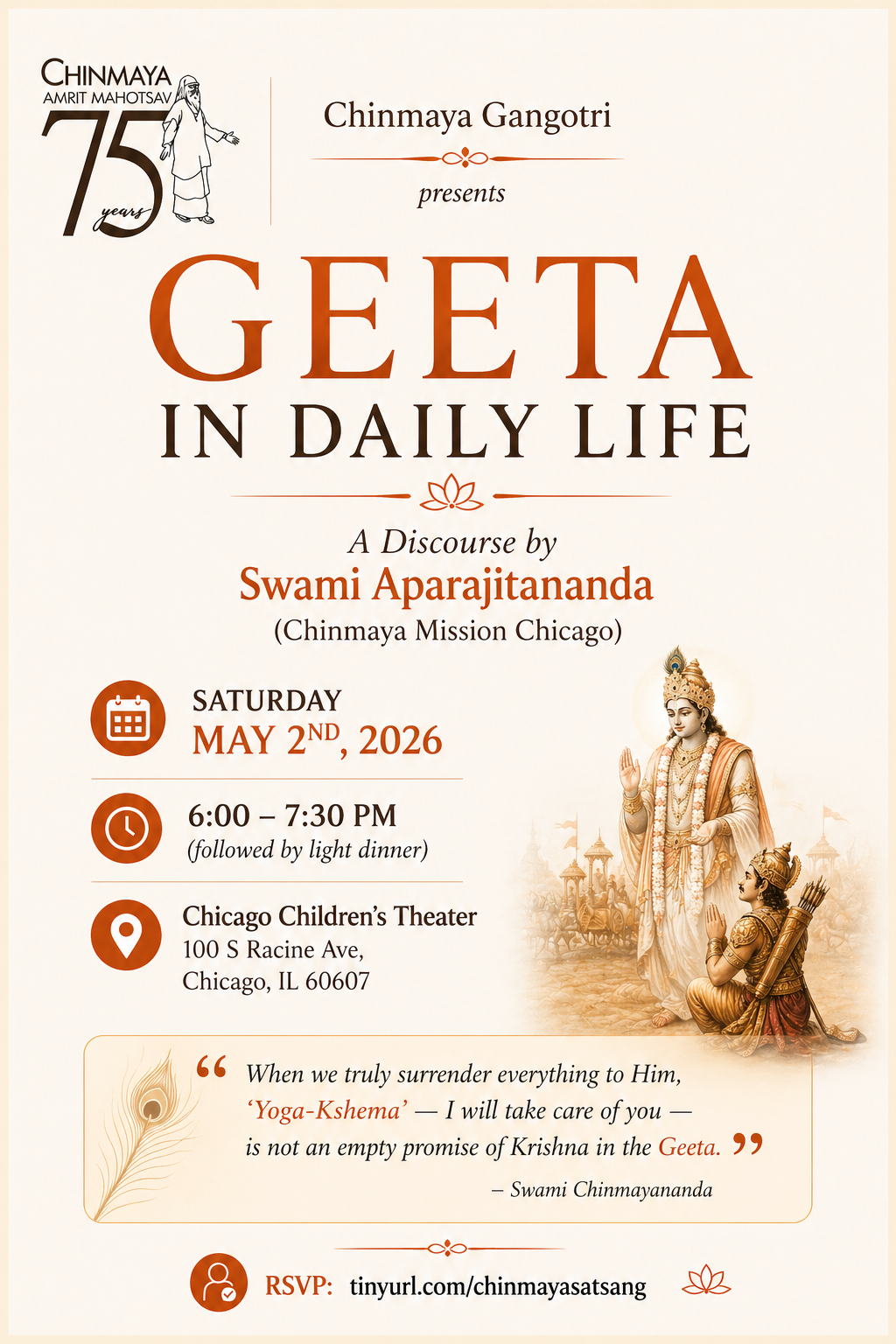 Event poster for a discourse on Geeta in daily life, presented by Swami Aparajitananda at Chicago Children's Theater on May 2nd, 2026, from 6:00 to 7:30 PM, with an image of Lord Krishna and Arjuna.