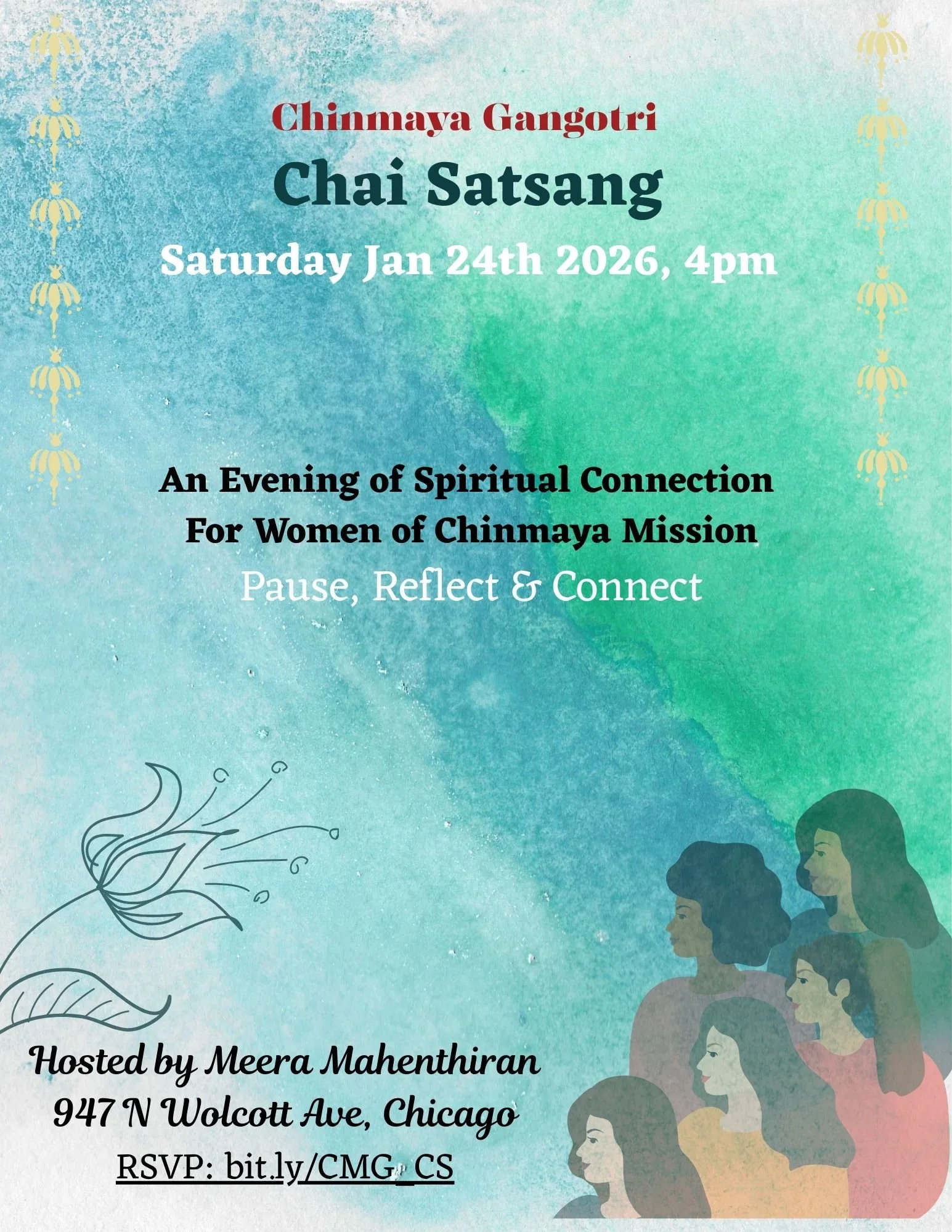 Invitation for a spiritual event. It features a colorful watercolor background with silhouettes of women. The event is hosted by Meera Mahenthiran, scheduled for Saturday, January 24, 2026, at 4 pm, at 947 N Wolcott Ave, Chicago. The event aims for a