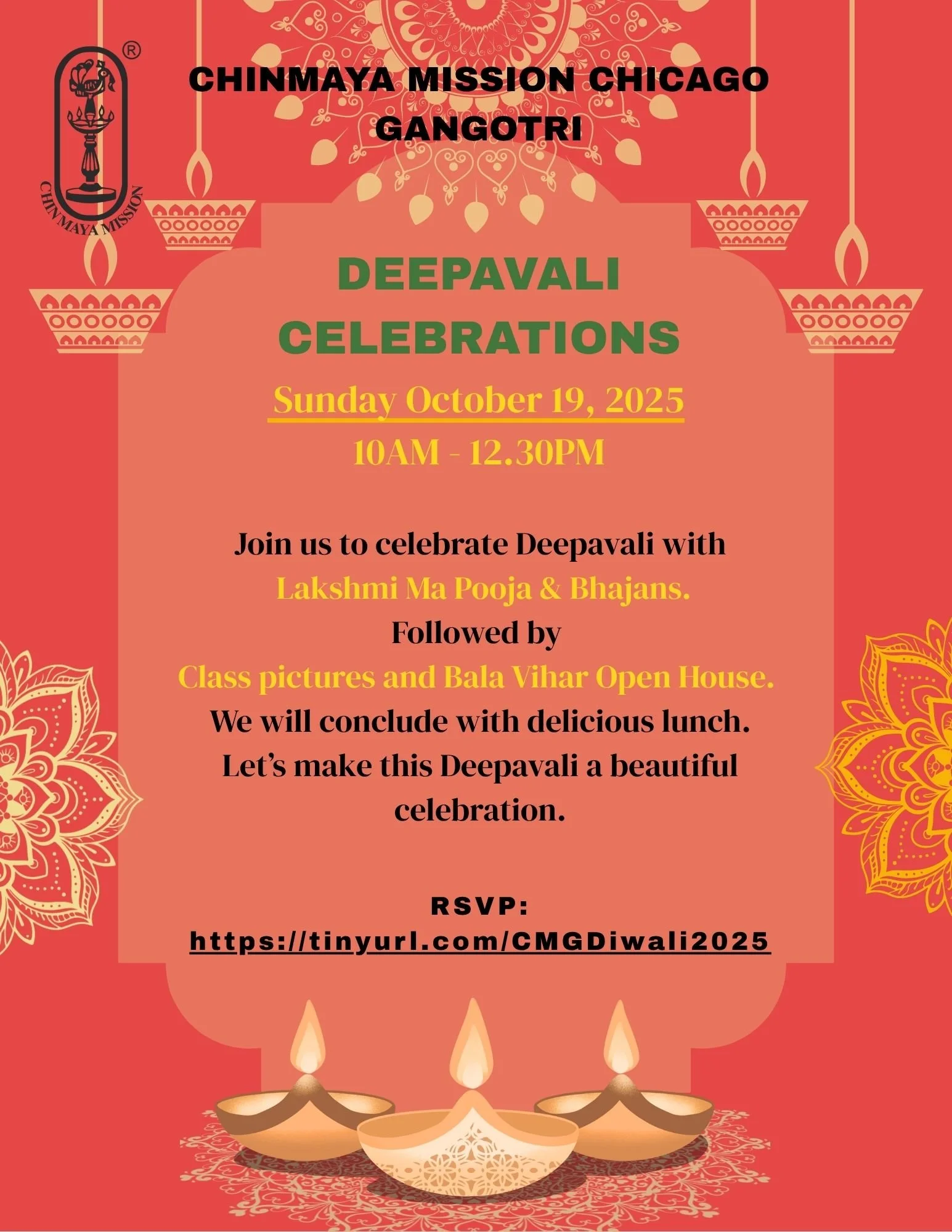 Celebration invitation with Diwali themed design, featuring traditional oil lamps (diyas), flowers, and intricate patterns, announcing a Deepavali celebrations event on Sunday, October 19, 2025, from 10AM to 12:30PM, organized by Chinmaya Mission Chi