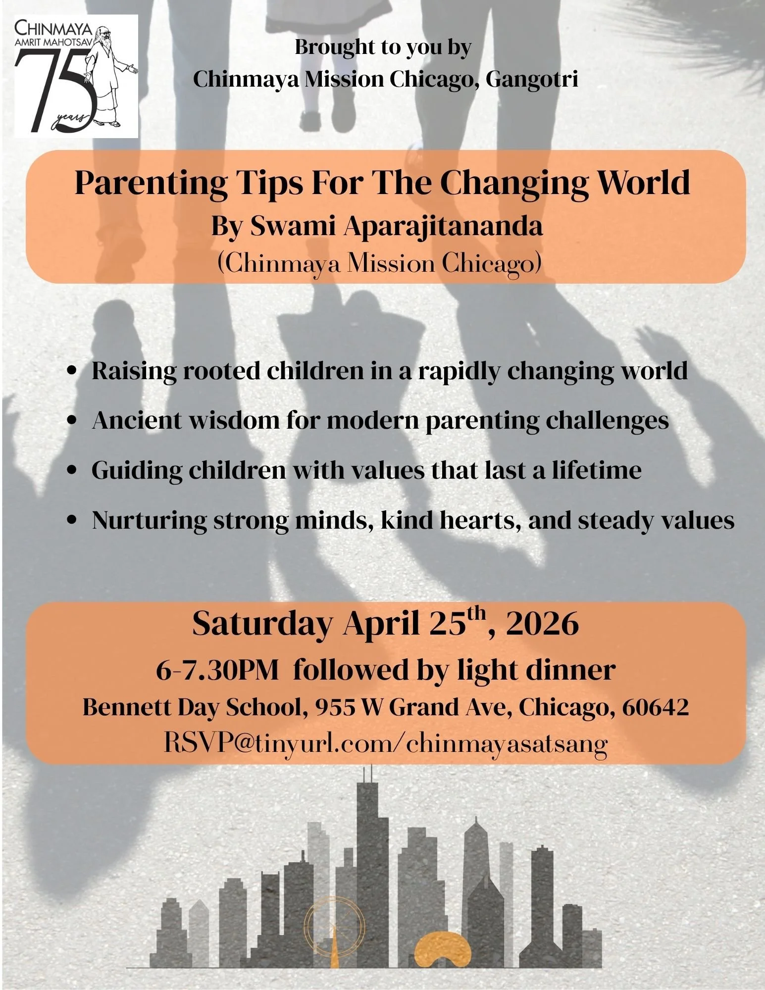 Text overlaying a gray background with silhouettes of people walking and a city skyline at sunset. The corner features the Chinmaya Mission Chicago logo with a figure in traditional attire. The text promotes an event titled 'Parenting Tips for the Ch