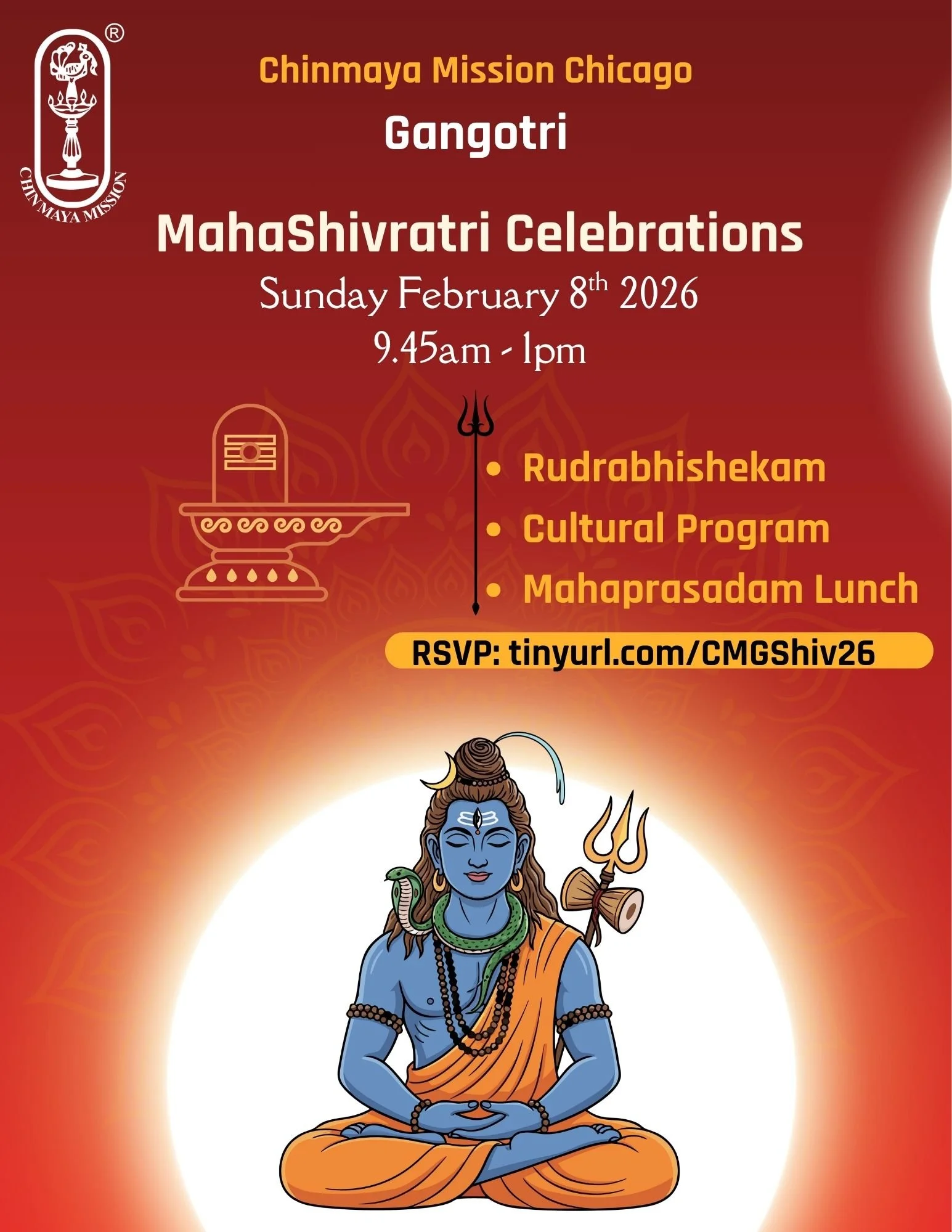 A digital graphic for a Mahashivratri celebration event features a photo of Lord Shiva sitting in a meditation pose with a snake around his neck, holding a trident, and surrounded by a bright white circle against a red background with decorative patt