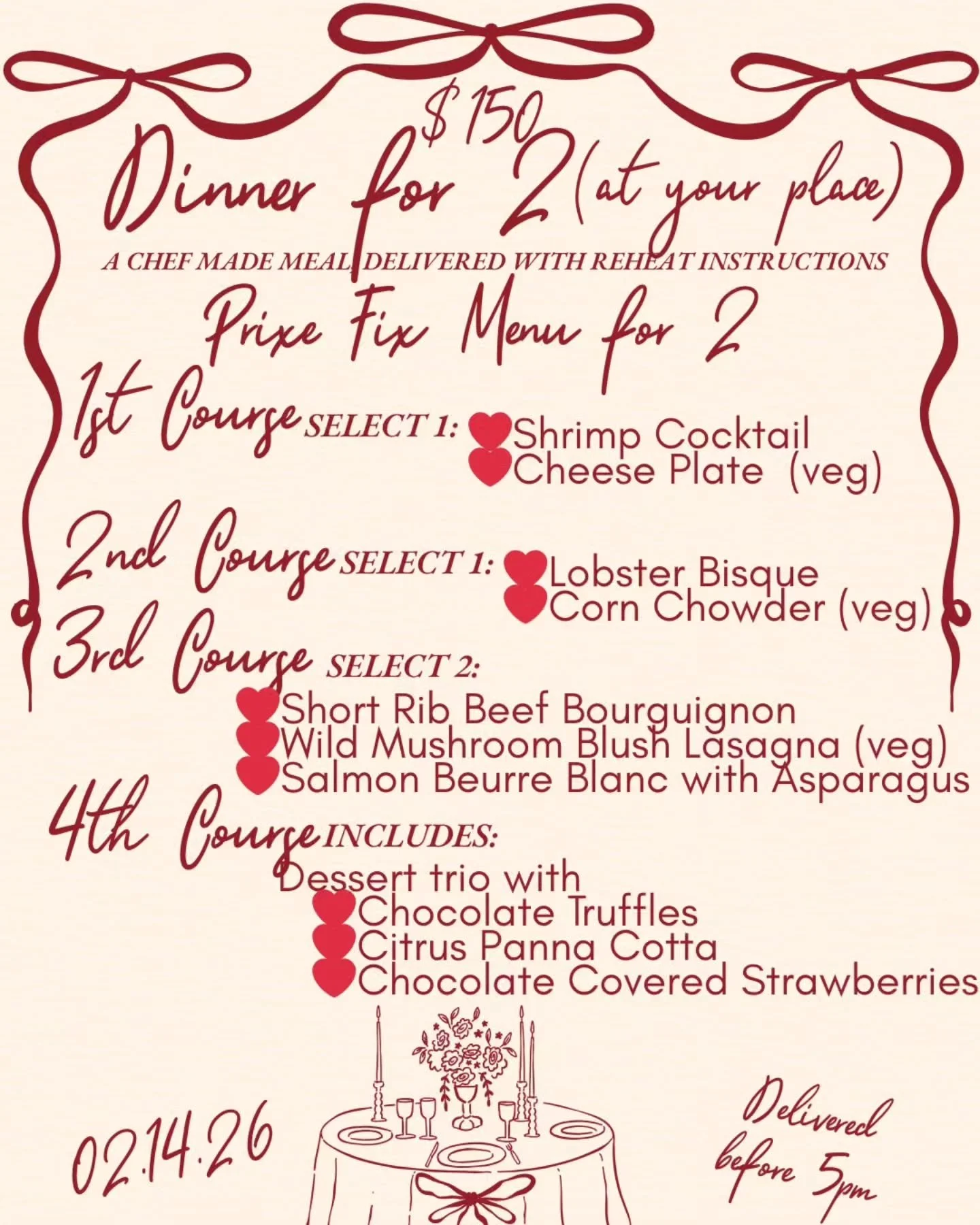 Valentine&rsquo;s Day without the chaos 💘
No babysitter scrambling.
No crowded restaurants.
No hour-long waits or rushed service.

Just a 4-course, chef-made Valentine&rsquo;s dinner delivered to your door, ready to reheat and enjoy at your place (&