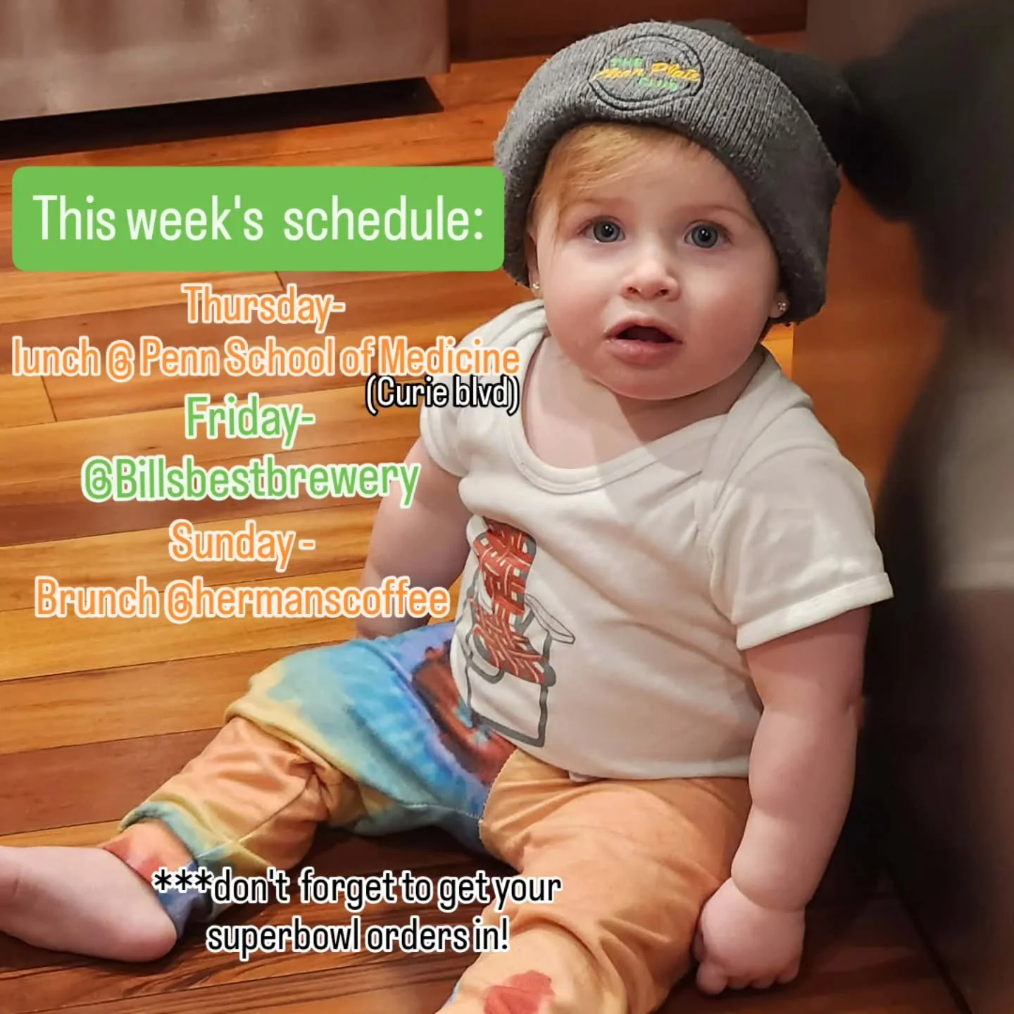 Looks like Alice had some inside info on this week's  schedule wearing her @hermanscoffee onesie and @cpctruck hat. It's high fashion meets good food.

On Thursday, we'll  be at Penn School  of Medicine, slinging lunch. 

Friday, is a @billsbestbrewe