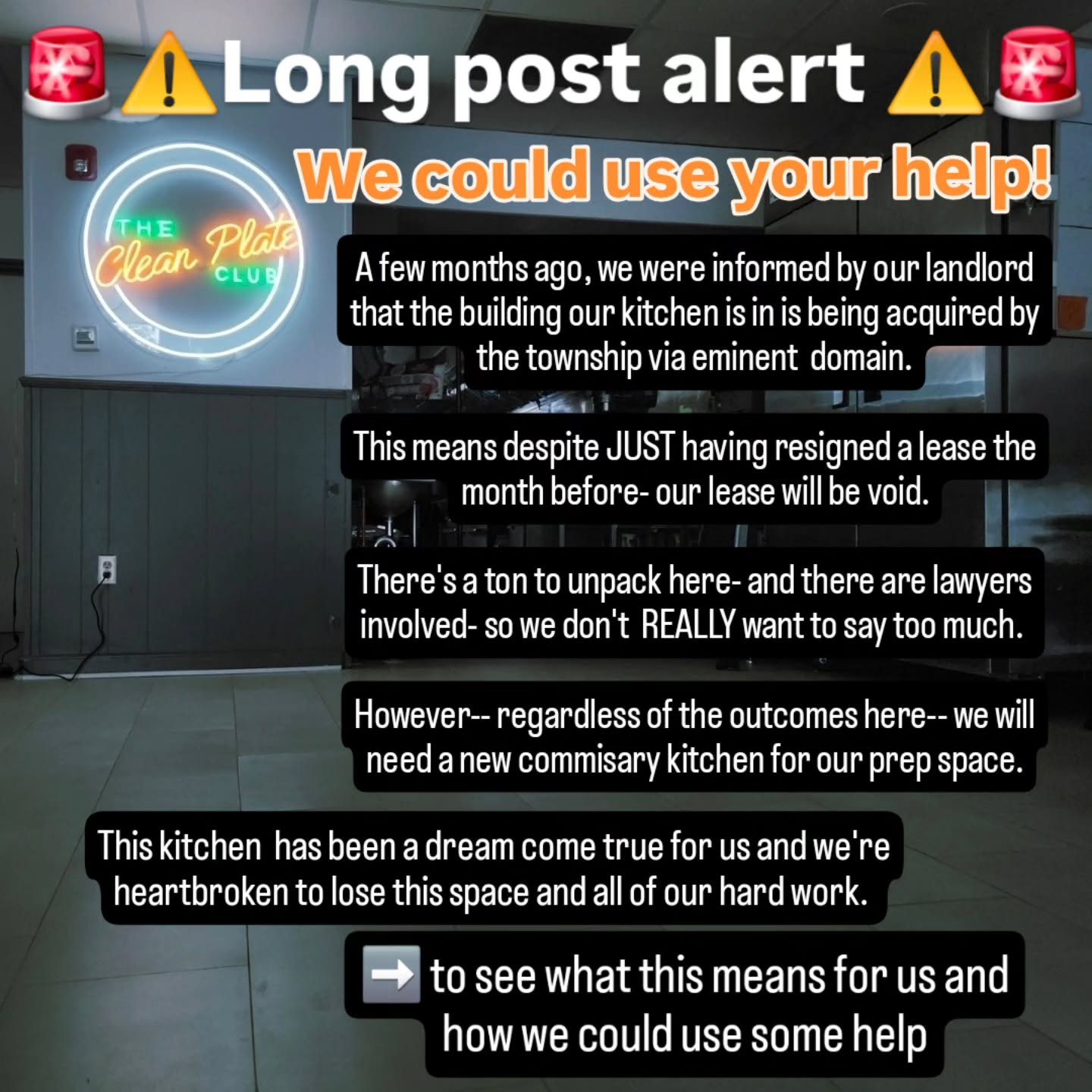 We could use a little help from our friends. 
Our prep kitchen is going to be demolished 😭.
We've  been trying to find a new space, but it's  been pretty unsuccessful.  Sometimes, it's  okay to ask for help-- so here it goes. 

Swipe away to see wha