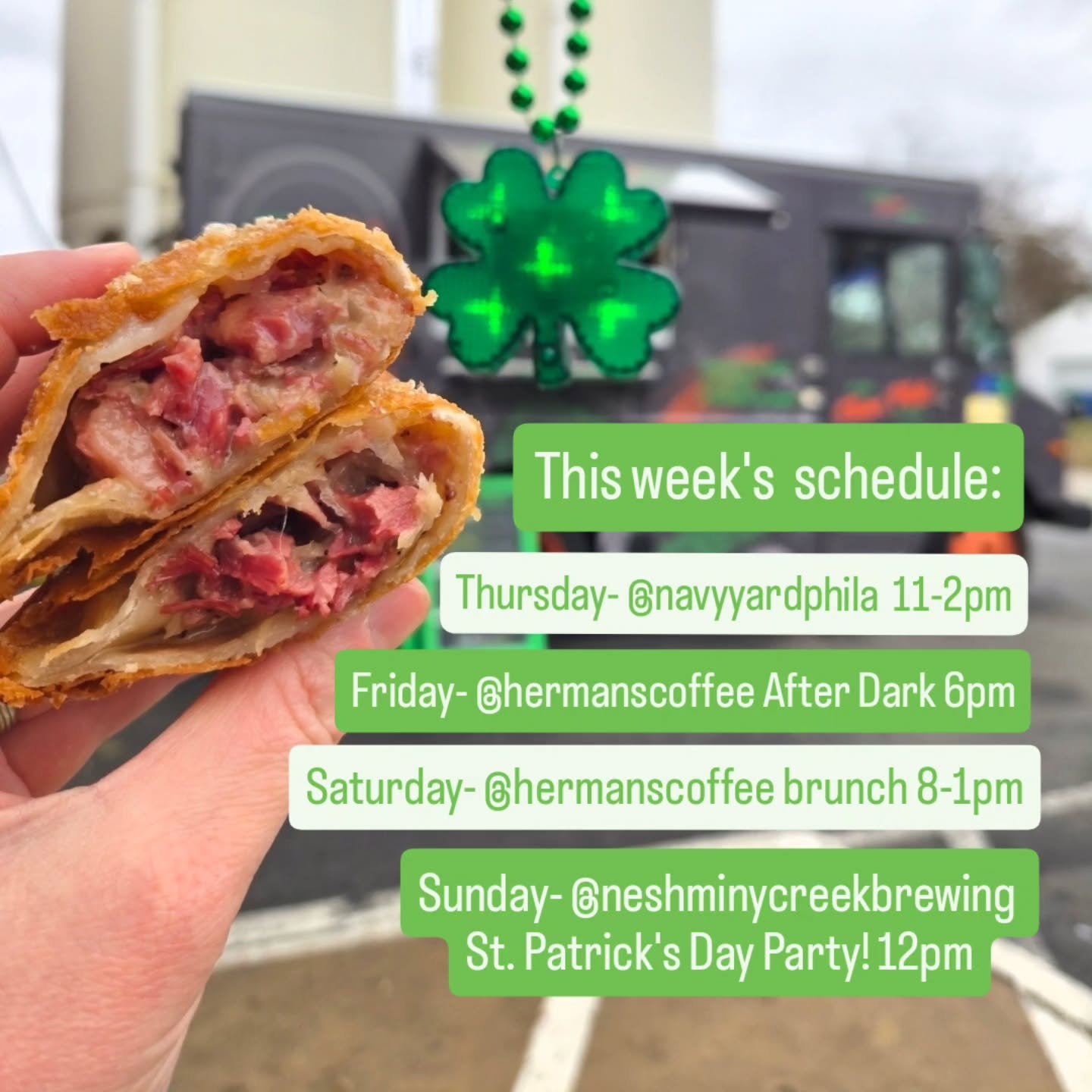 Got so caught up in making these reuben empanadas  that I almost forgot to post the schedule 😅. 

Anyways we have soooo much fun in store for this week. 

Tomorrow (Thursday) we're  @navyyardphila for #lunchtrucklineup 

Friday we're going over to @