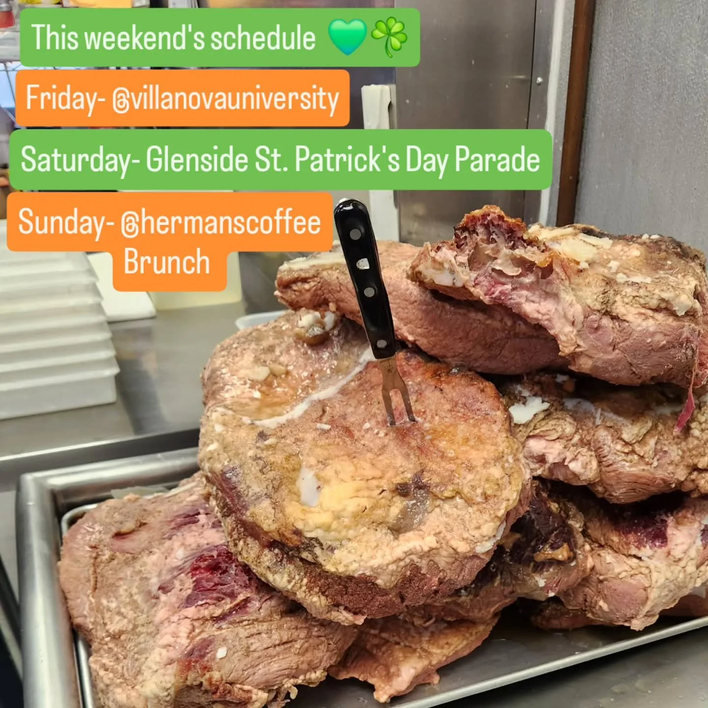 Another corned beef kinda week.

Friday , we're  serving late night @villanovau . 

Saturday, Glenside's  St. Patrick's  Day Parade is taking on year 2-- we're  bringing more corned beef, more colcannon croquettes, and more Irish cheddar grilled chee