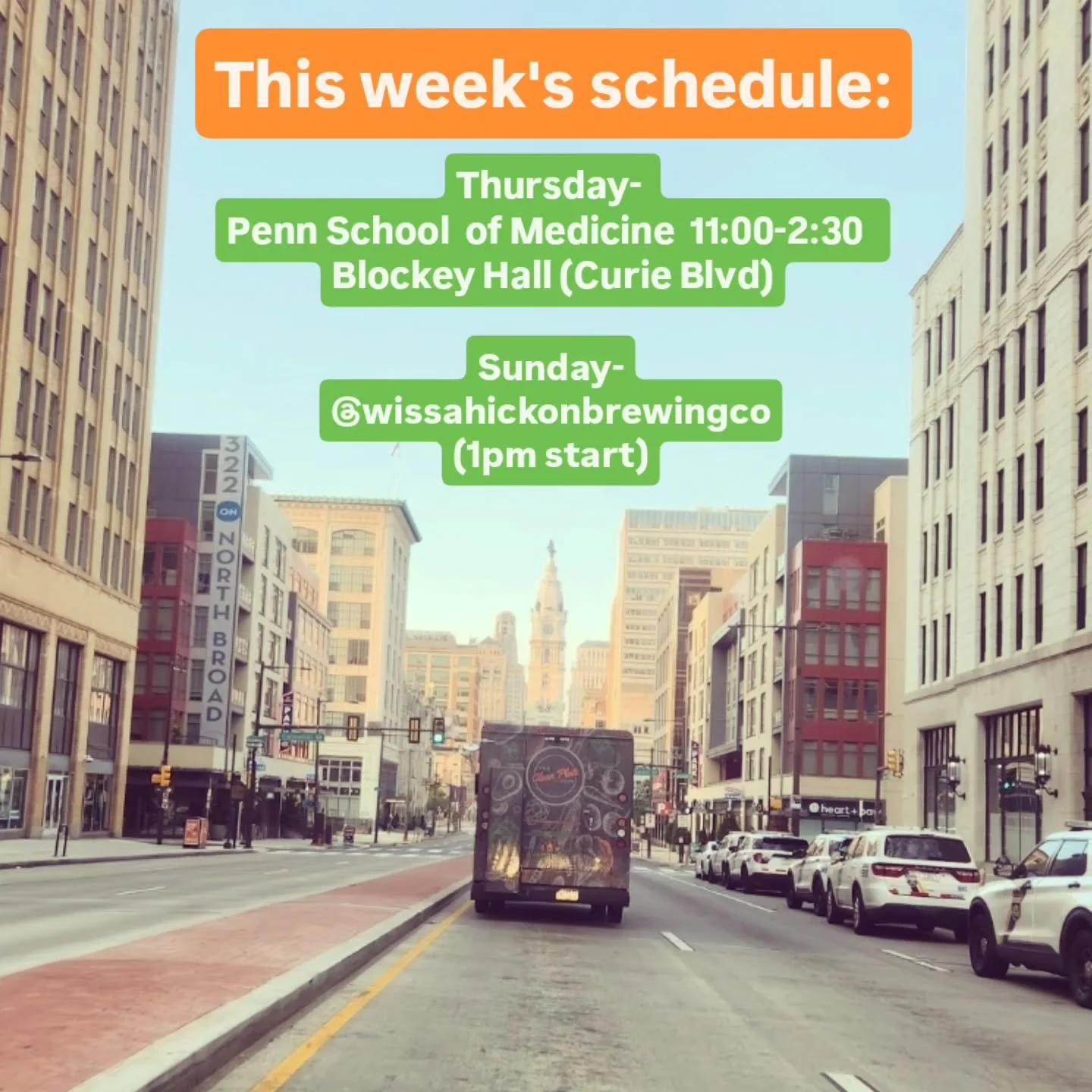 Excited to be hitting the road to see you all this week! Although- maybe not with the price of diesel 🤪🫣. 

Thursday -Penn School Of Medicine for lunch 11:00-2:30 (Blockey Hall on Curie blvd)

Sunday- @wissahickonbrewingcompany to close our their b