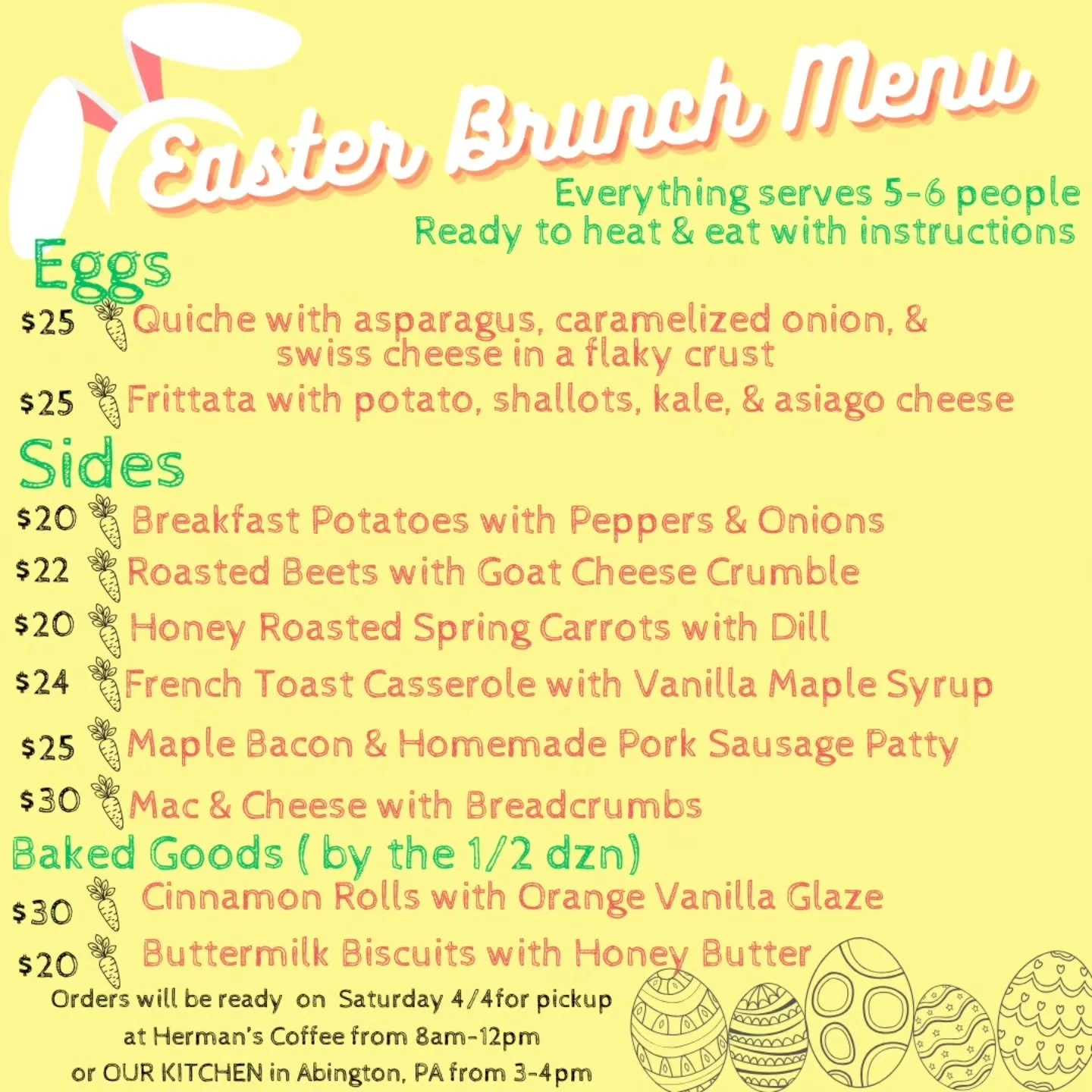 🐰 Some-bunny wanted to let you know this is hop-pening. Easter orders are live!

If you've  never ordered our ready to reheat holiday meals, start now! It's the perfect  Easter brunch vibe. Save yourself time in the kitchen, and enjoy your family.

