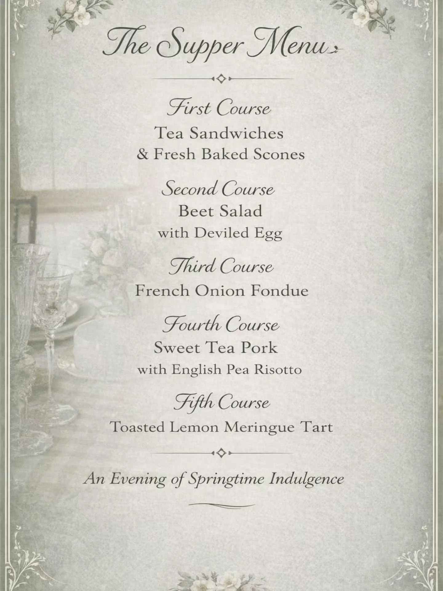 Dearest Gentle Reader&hellip; 🌿

Tables are filling, whispers are spreading, and the most charming dinner of the season is quickly approaching&hellip;

Tickets to the Spring Supper Society on April 9th are selling quite quickly, and we're  certain y