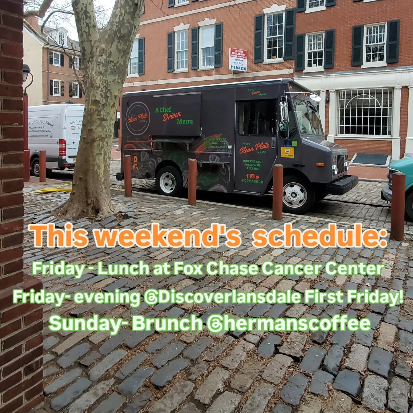 Find us all over this weekend. 

Friday from 11-2 we'll  be serving lunch at Fox Chase Cancer center 

Friday evening  from 6-9 we're hanging @discover_lansdale First Friday 

Sunday is another fab brunch @hermanscoffee . Catch us from 8-1pm.