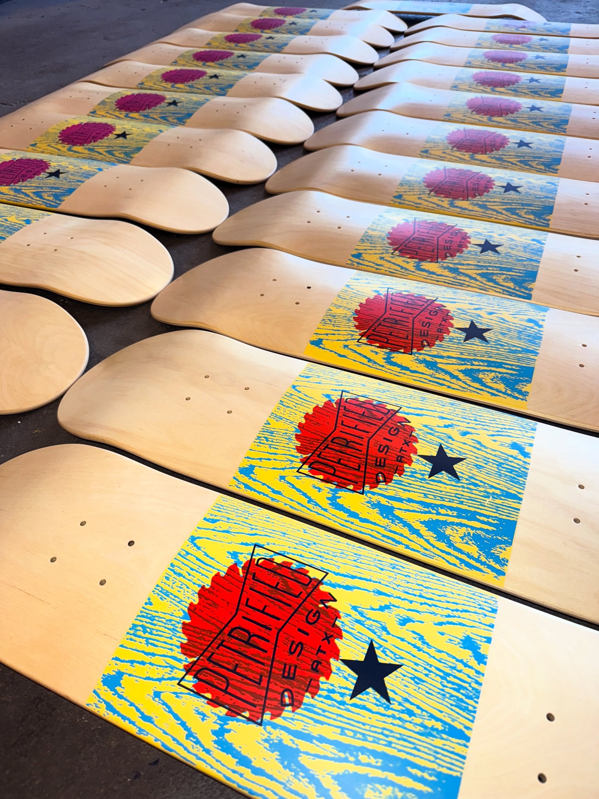 Our friends over @petrifieddesign celebrated 15 years last weekend in Austin, TX. We were able to collaborate on a spread for them that included 4c skateboards(!!), notebooks, 18x24 posters, adult shirts, youth shirts, hats, koozies, and frisbees. 

