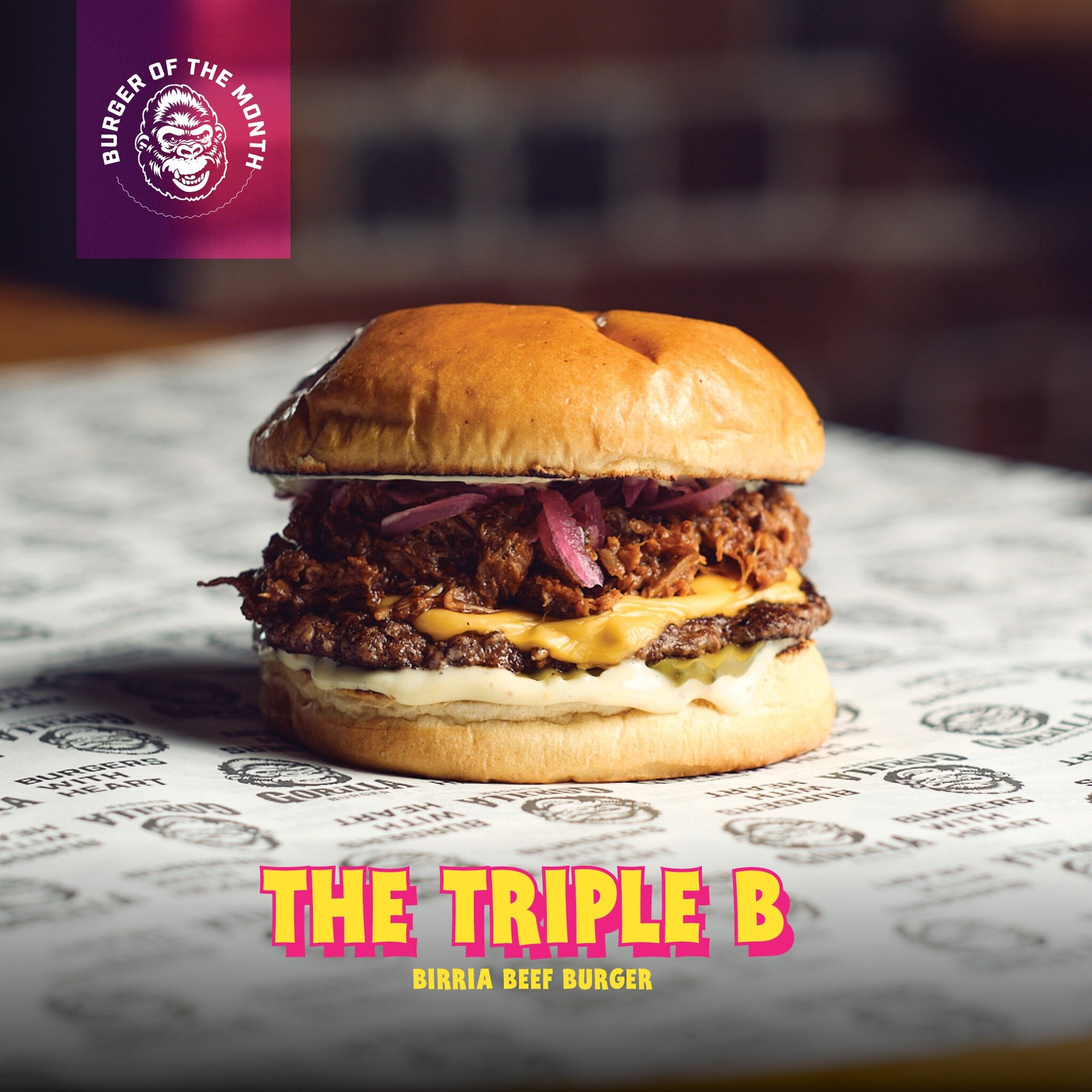 🌟🌟🌟BOTM Announcement!🌟🌟🌟

Beef+Birria+Bbq = THE TRIPLE B! 

Smashed Beef patty with double cheese, topped with pulled Birria beef smothered in sweet &amp; smokey BBQ sauce &amp; pickled red onions, with aioli and pickles

Available at all our l