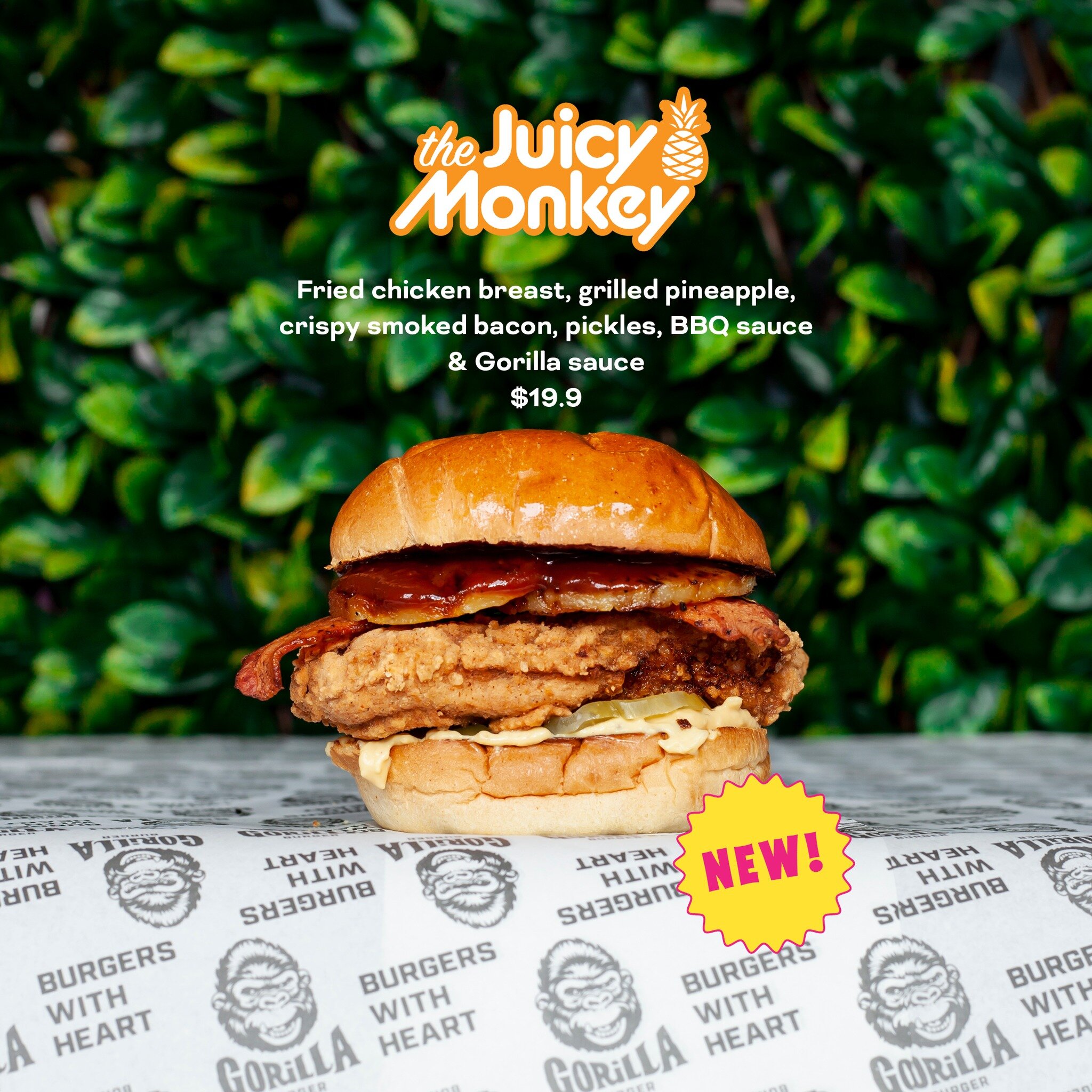 Help us welcome a new member of our permanent menu! 🍍🍍THE JUICY MONKEY 🍍🍍

Fried chicken, crispy bacon, and grilled pineapple... a combo made in heaven!

Available now!